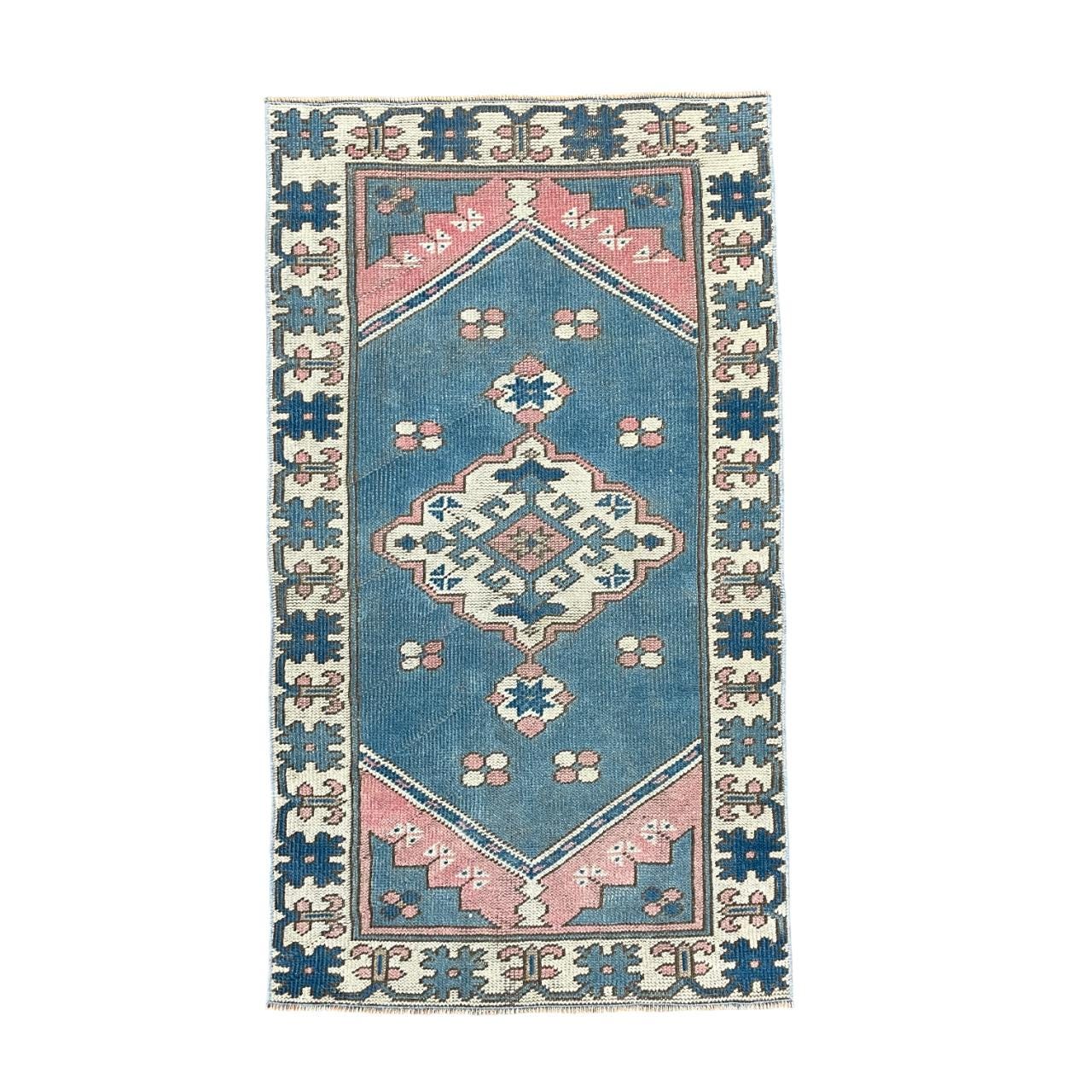 Hand-Knotted Turkish Wool Rug: 2'7" x 4'5" Blue & Pink Vintage Boho Carpet