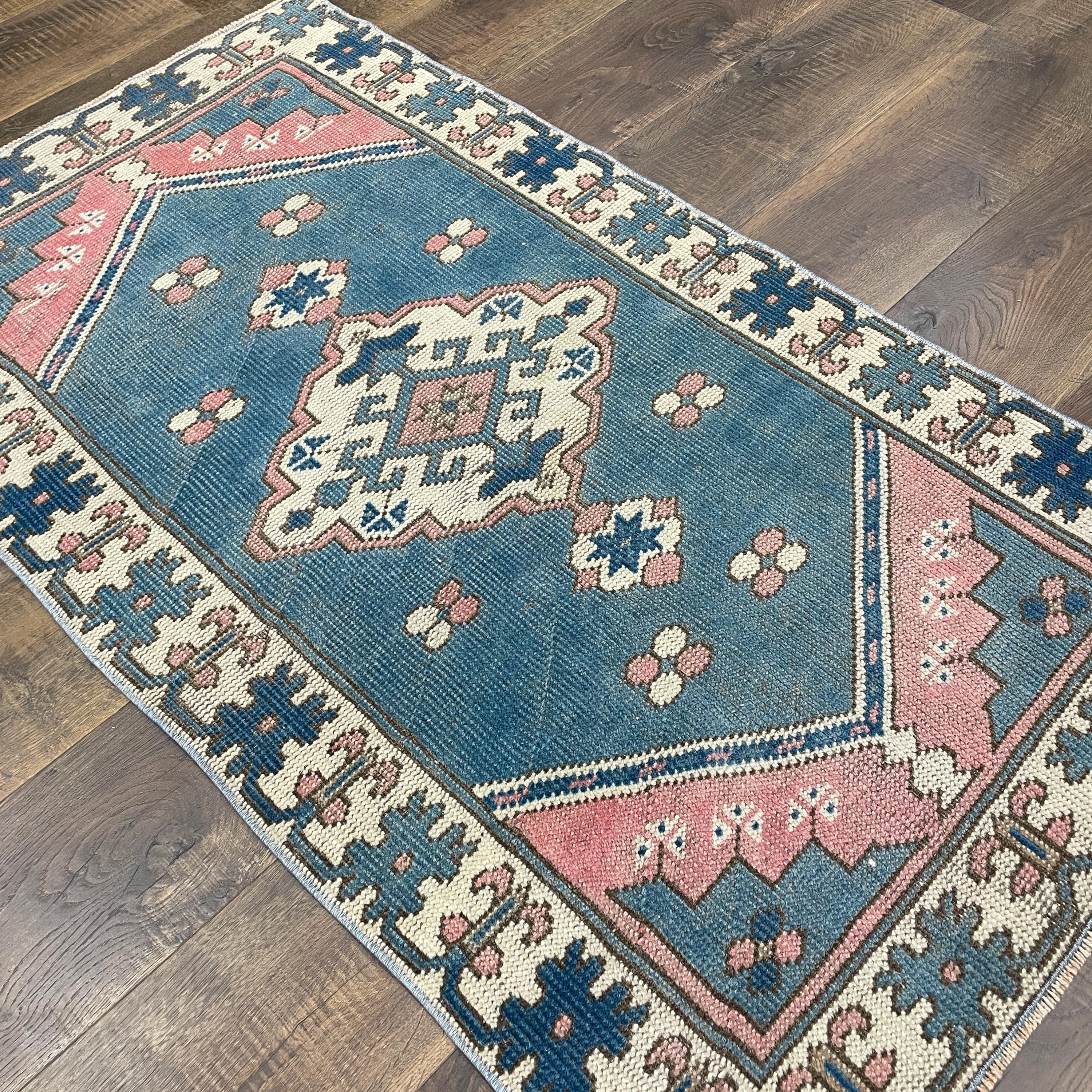 Hand-Knotted Turkish Wool Rug: 2'7" x 4'5" Blue & Pink Vintage Boho Carpet