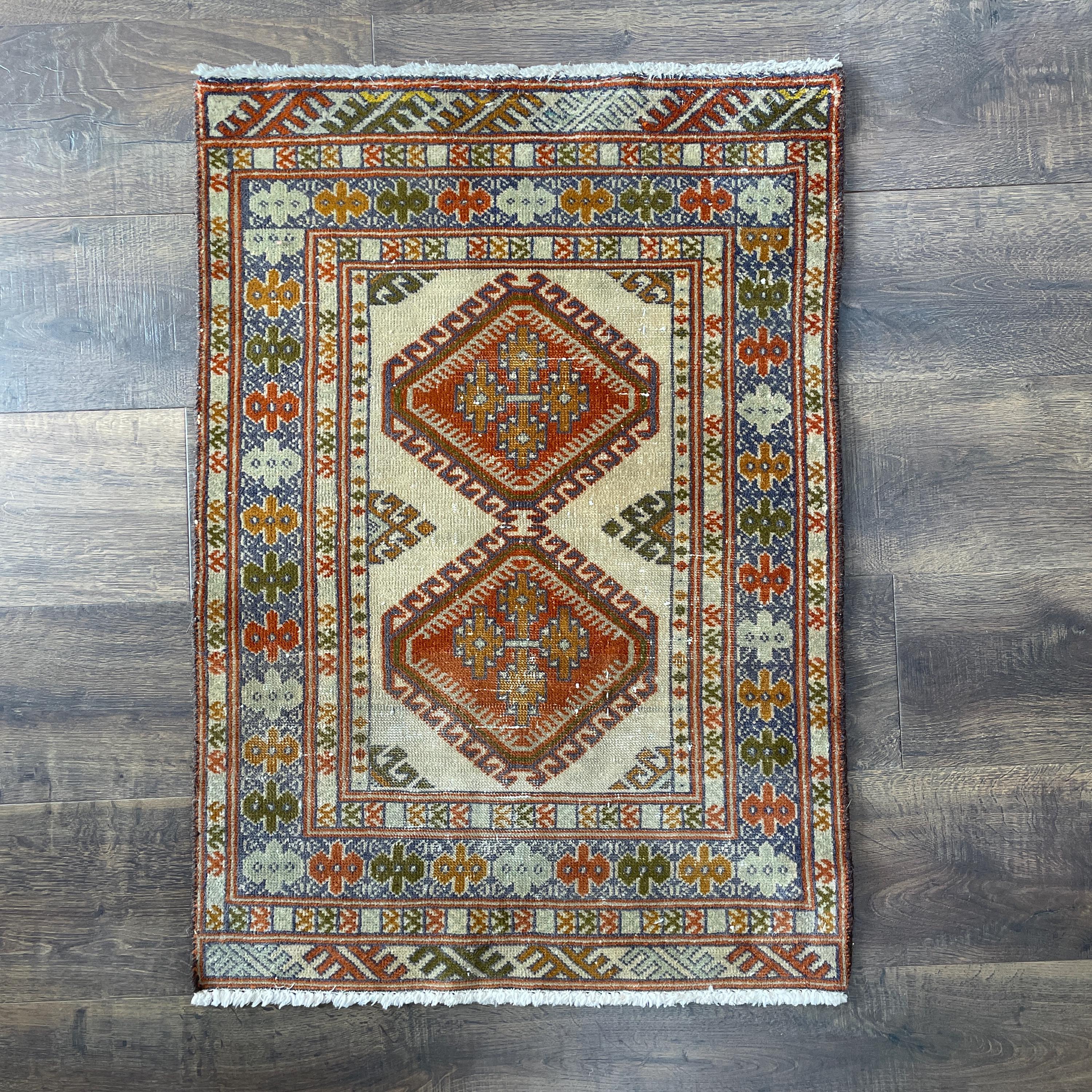 2'1" x 3' Handmade Turkish Wool Rug - Vintage Tribal Area Rug | Boho Small Carpet