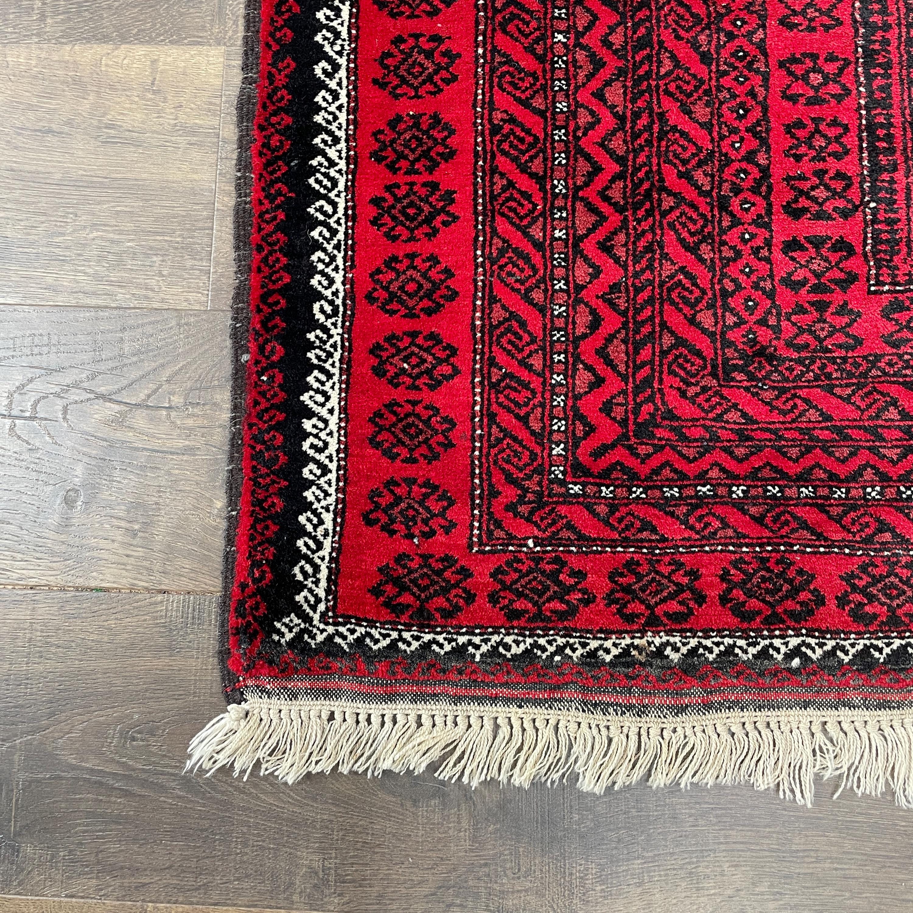 Handmade Wool Runner Rug: Red Boho Hallway Rug (3'9" x 7')
