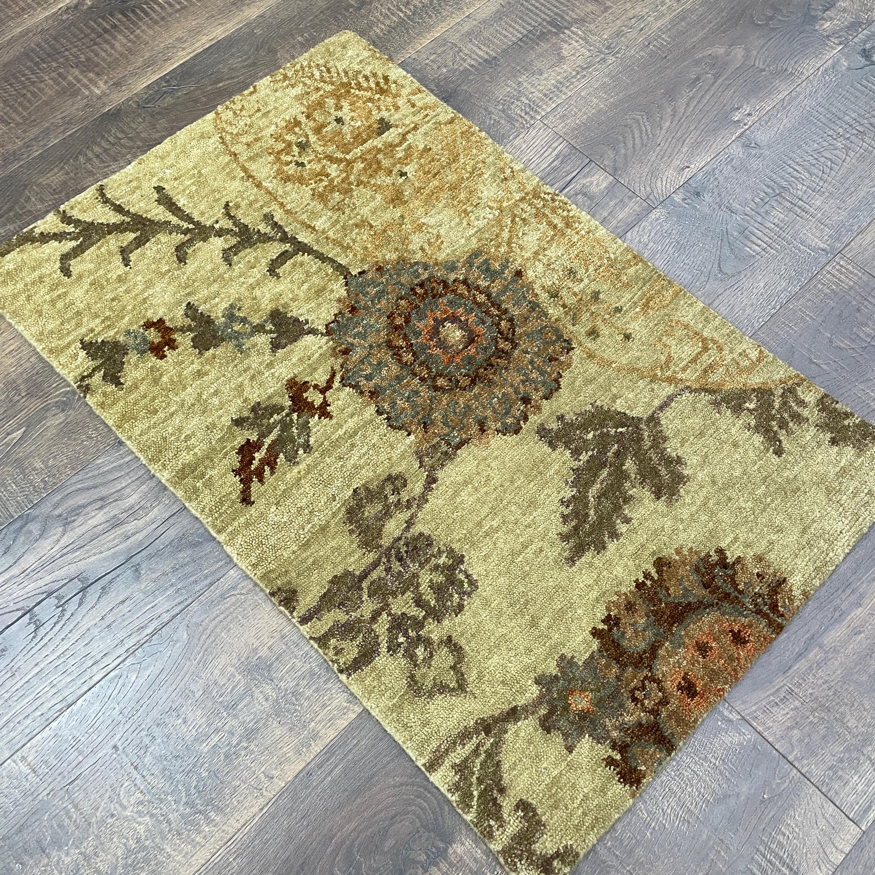 1'10" x 3' Handmade Turkish Wool Rug - Vintage Floral Area Rug | Soft Boho Carpet