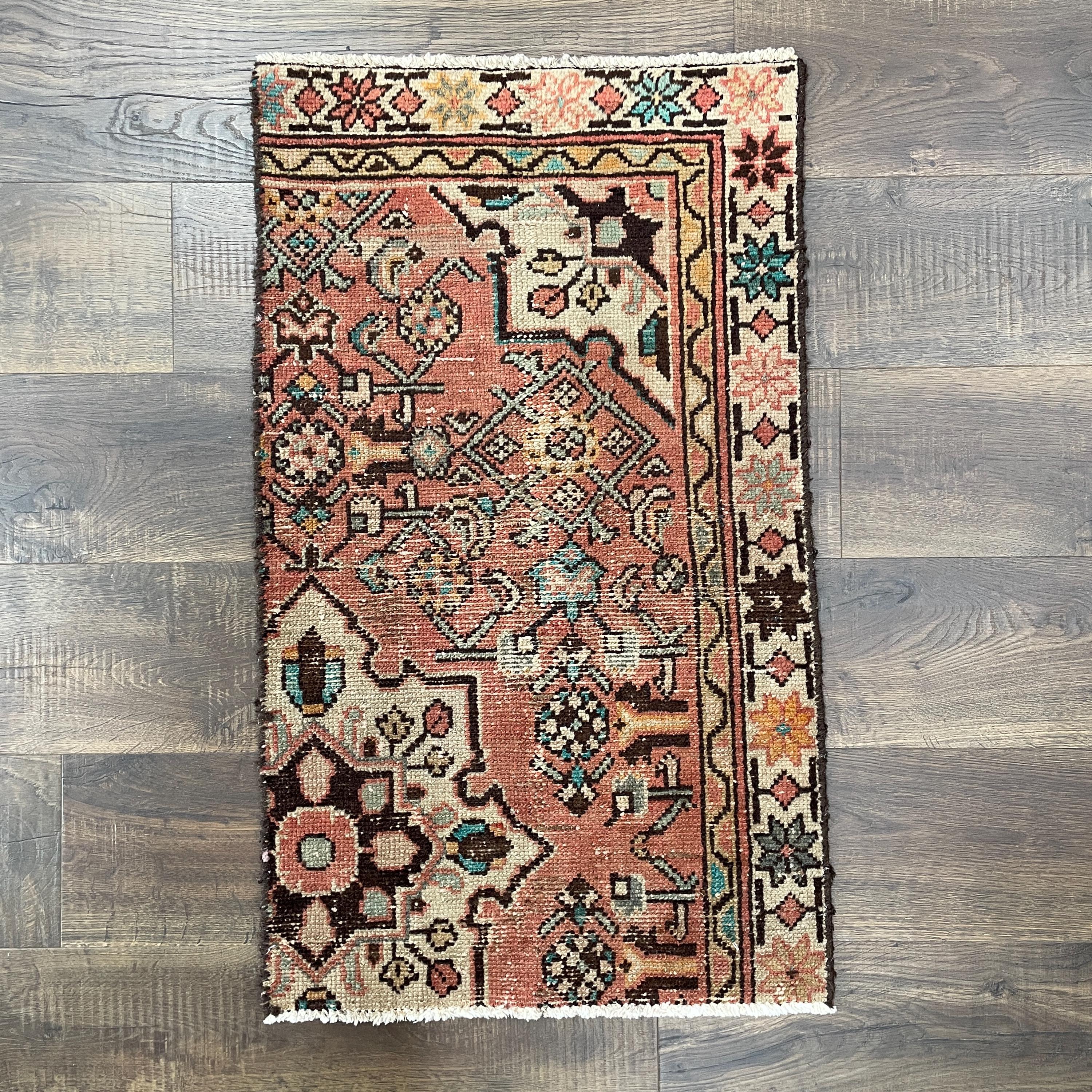 1'10" x 3' Handmade Turkish Wool Rug - Vintage Floral Area Rug | Pink Boho Carpet