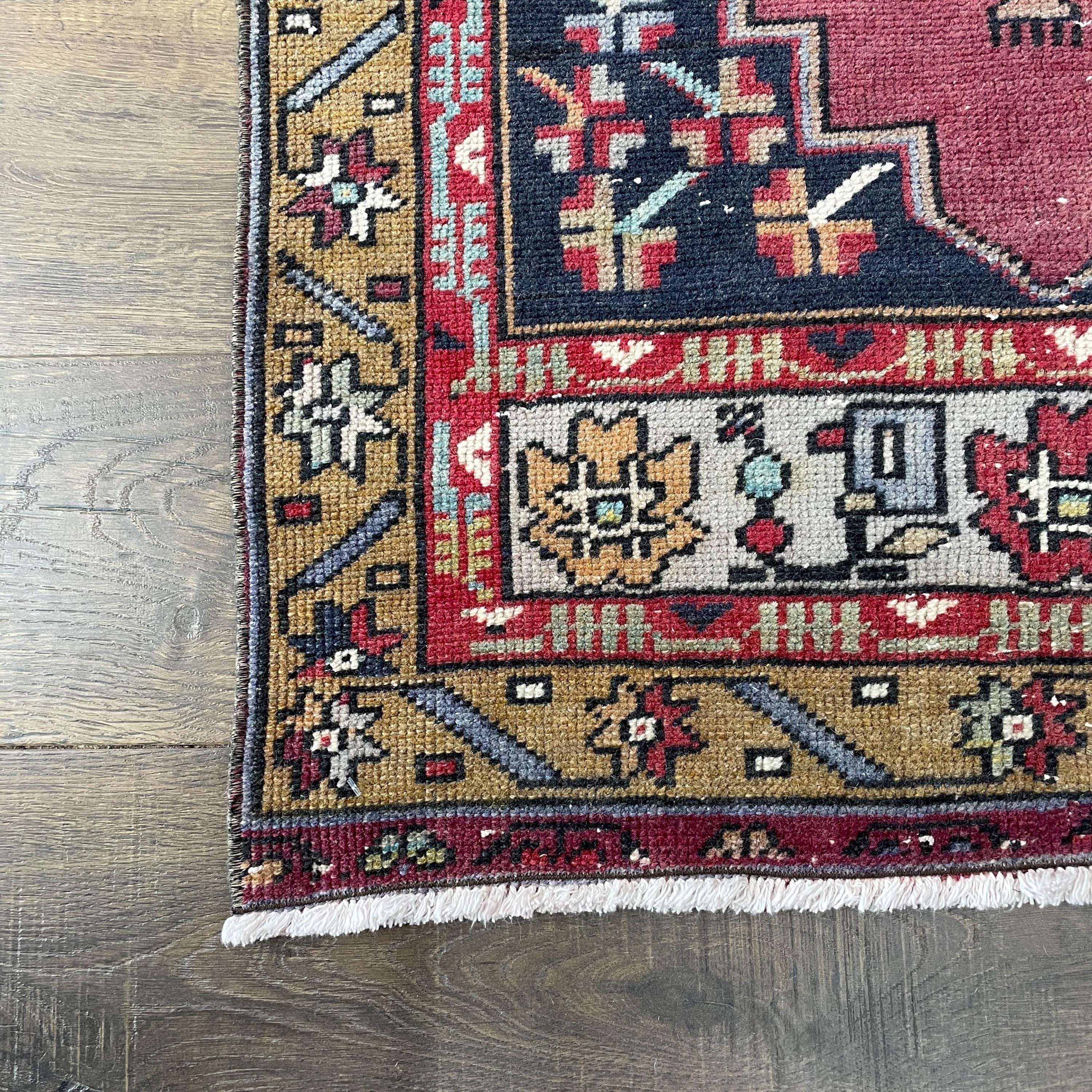 Handmade Turkish Wool Runner Rug: Vintage Medallion Boho Hallway Rug