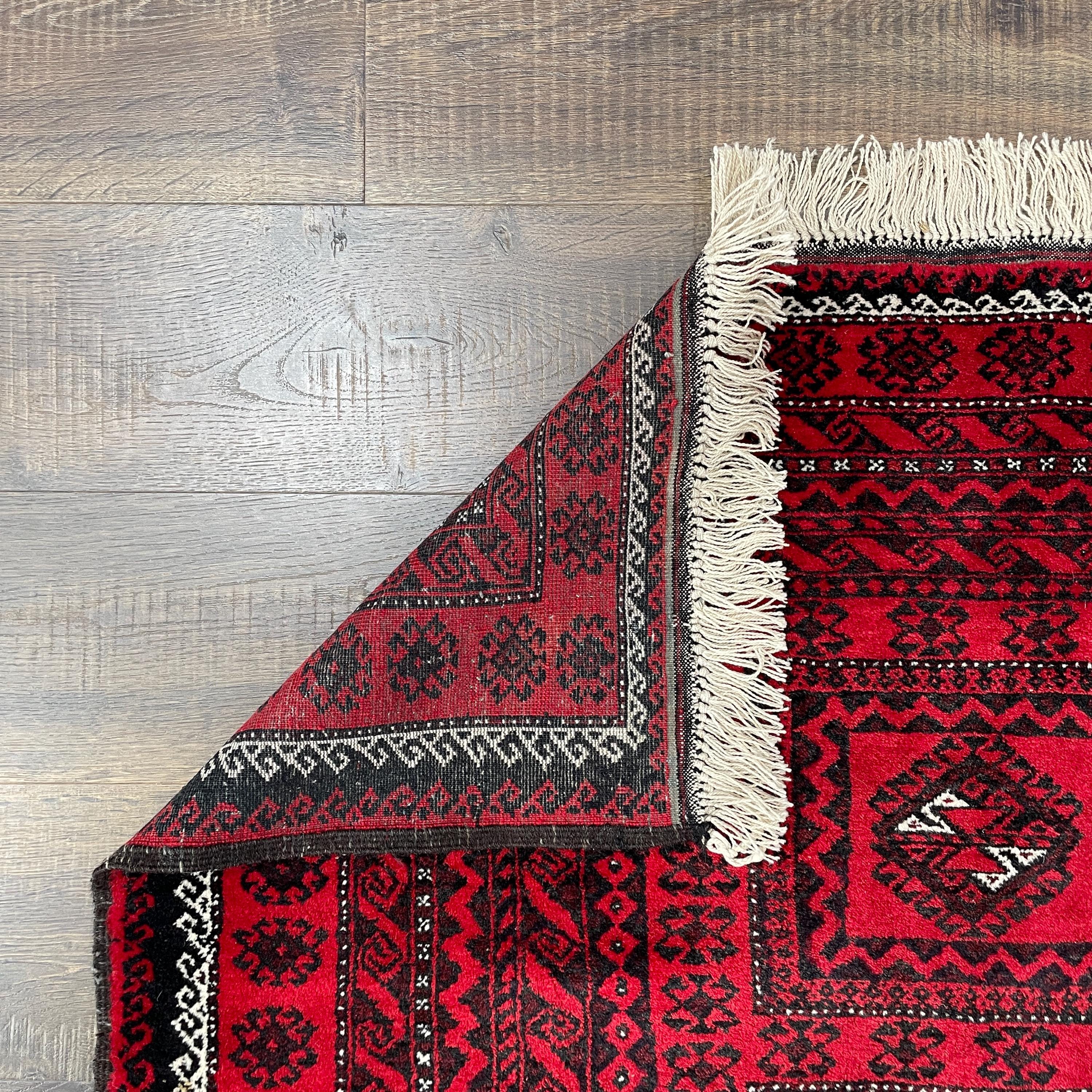 Handmade Wool Runner Rug: Red Boho Hallway Rug (3'9" x 7')