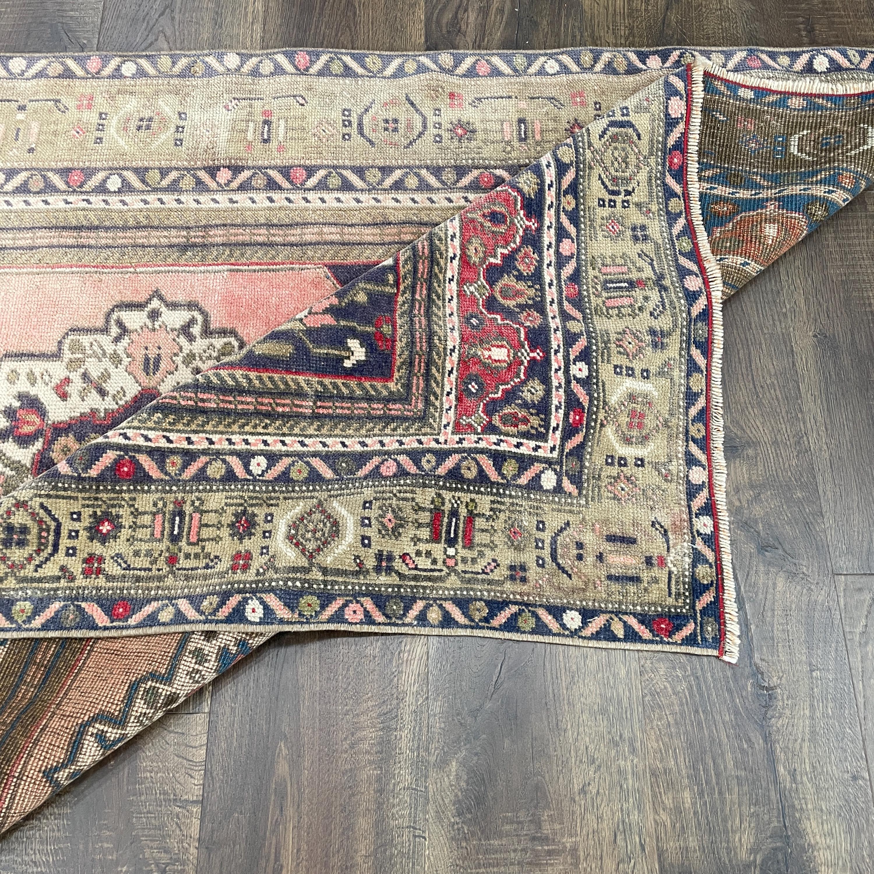 Vintage Turkish Wool Rug: 3'8" x 6'1", Pink & Navy Medallion