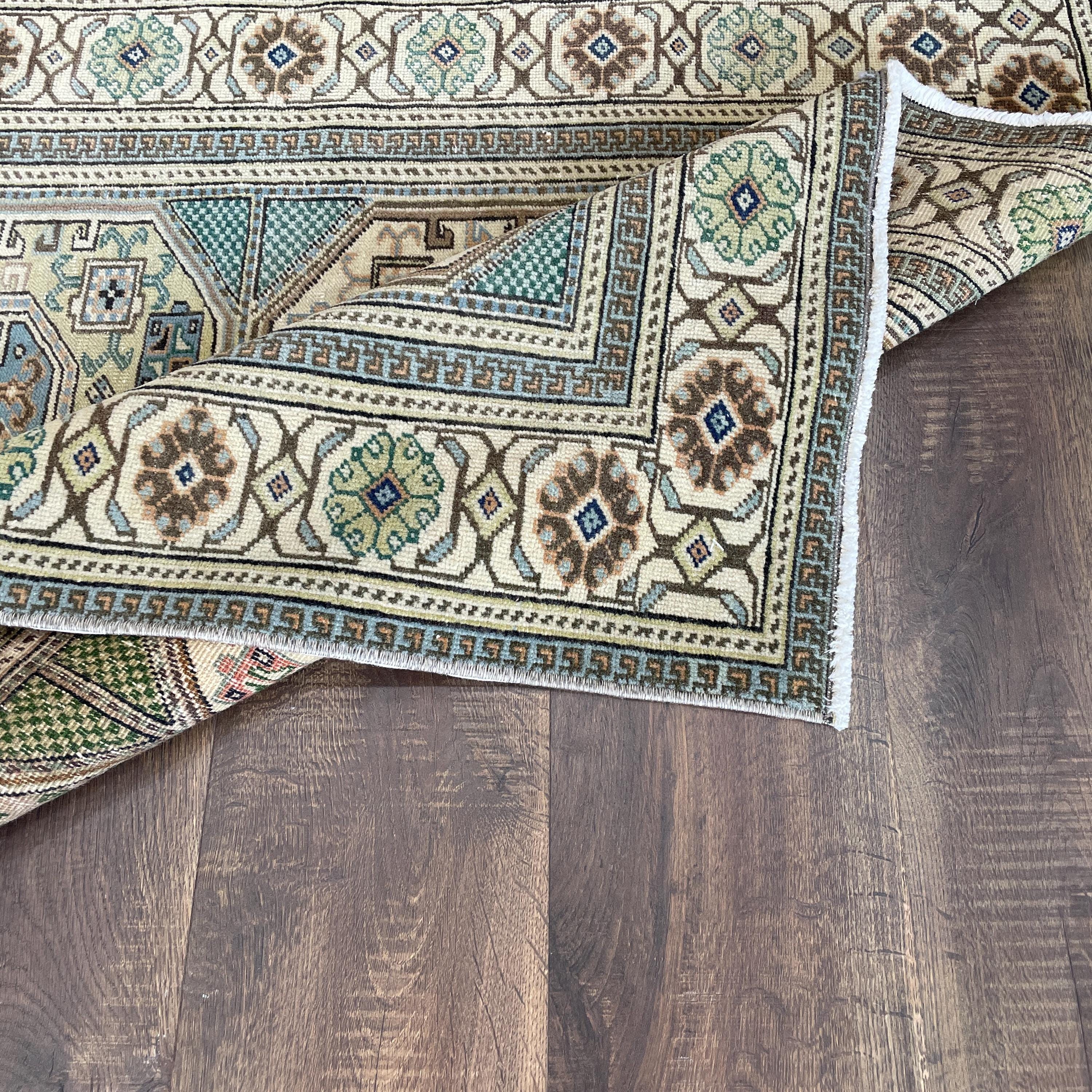 Handmade Turkish Wool Rug: Vintage Geometric Boho Accent (3' x 5'6")