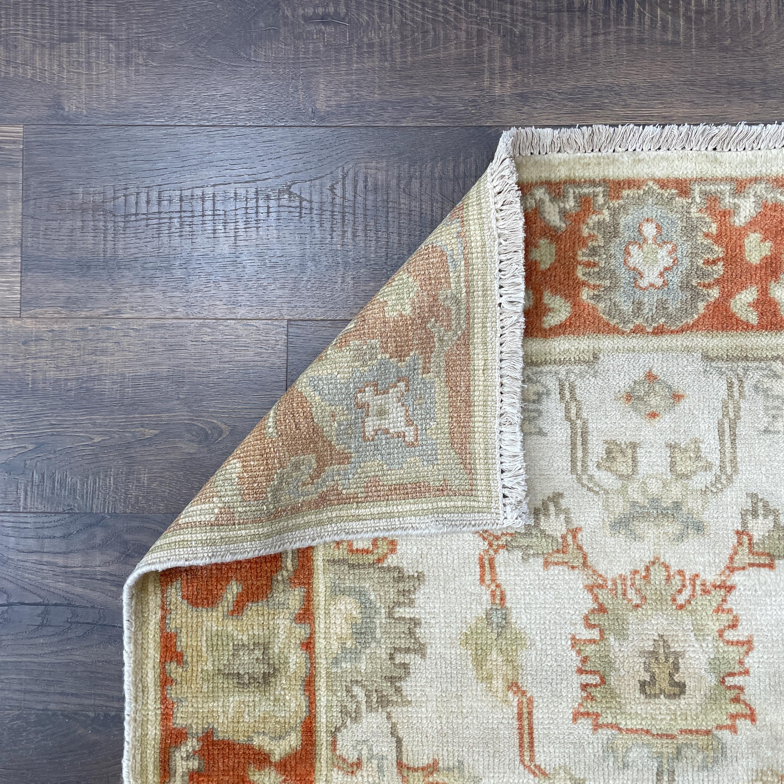 3'3"x5'3" Handmade Wool Rug – Soft Ivory & Rust Turkish Oushak Style
