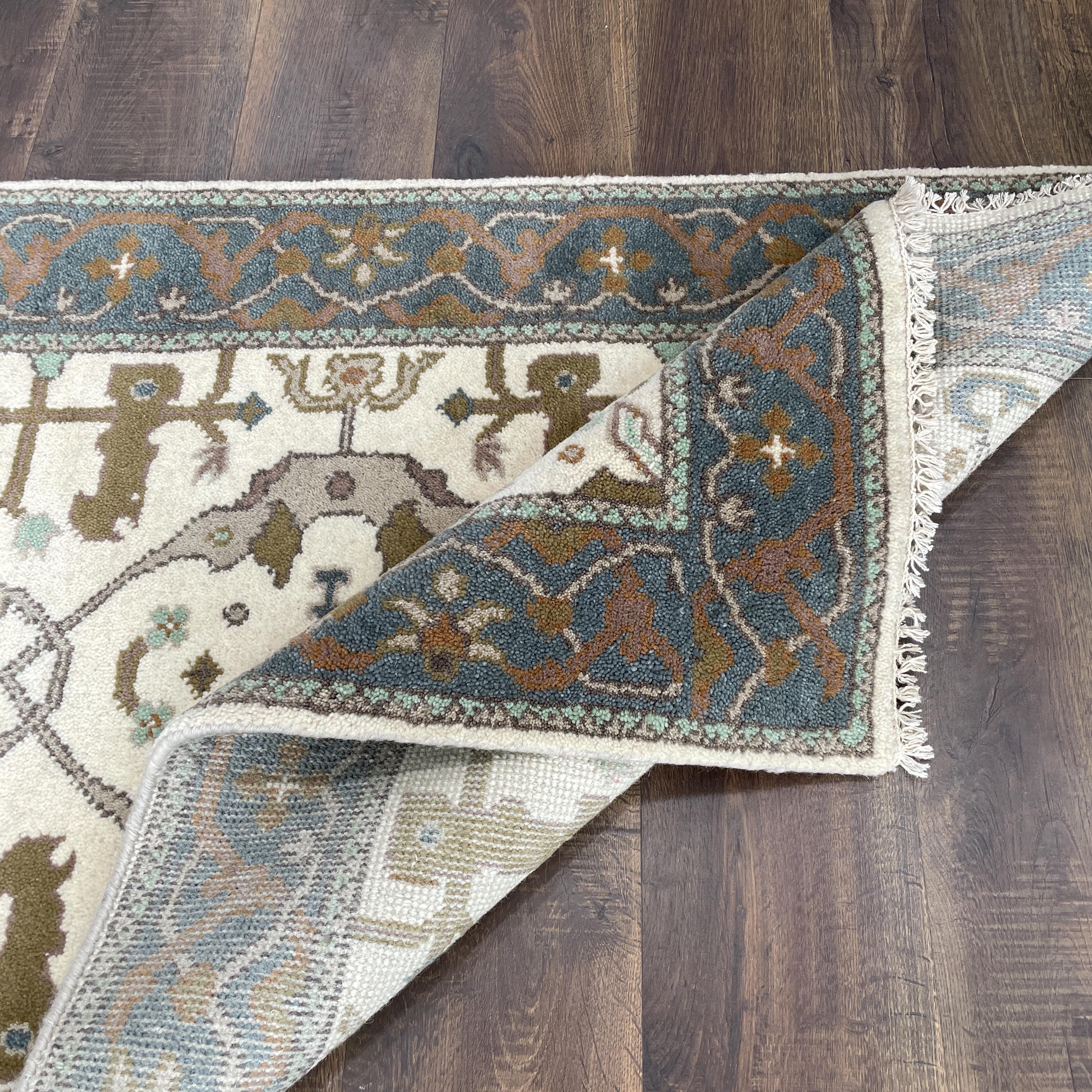 3'x5' Handmade Wool Rug – Ivory & Teal Turkish Oushak Style