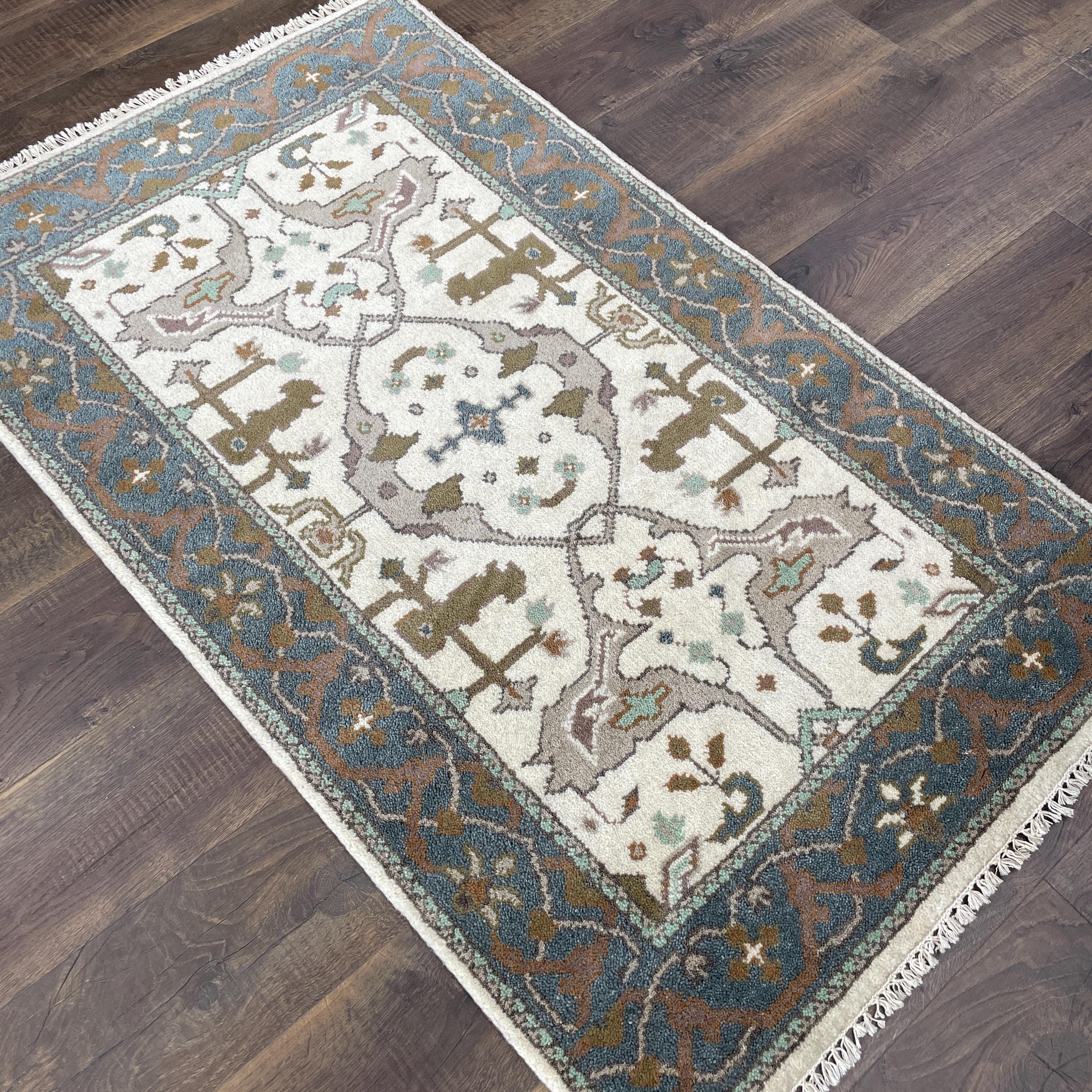 3'x5' Handmade Wool Rug – Ivory & Teal Turkish Oushak Style