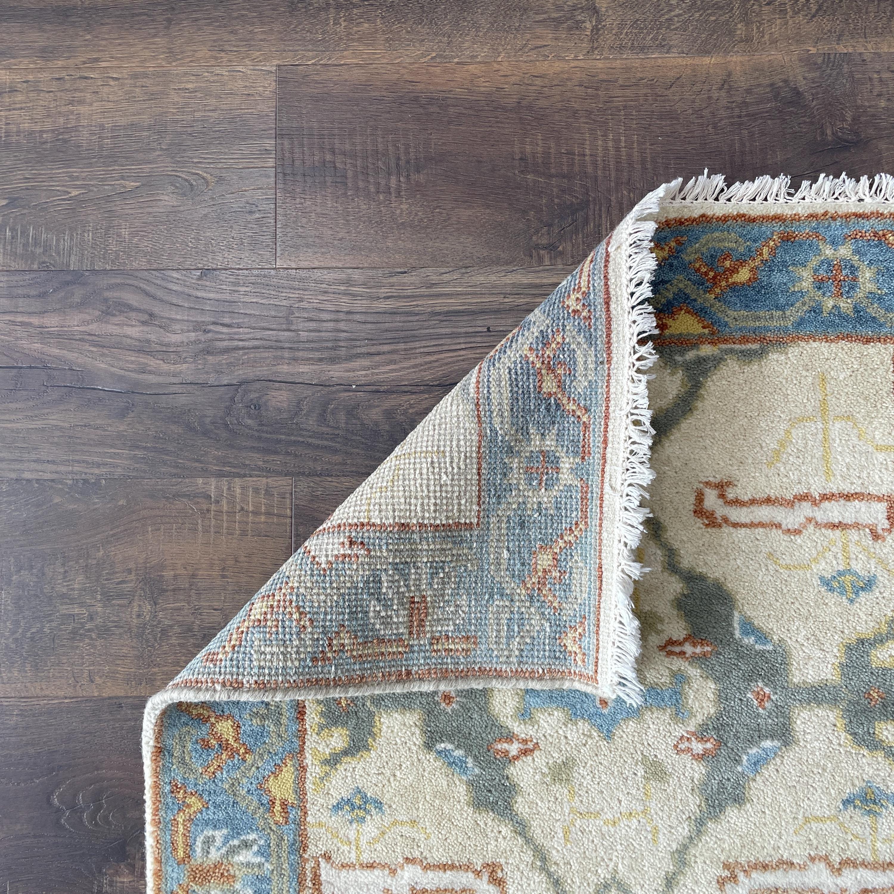 2'8"x6' Handmade Wool Rug – Light Blue & Beige Runner