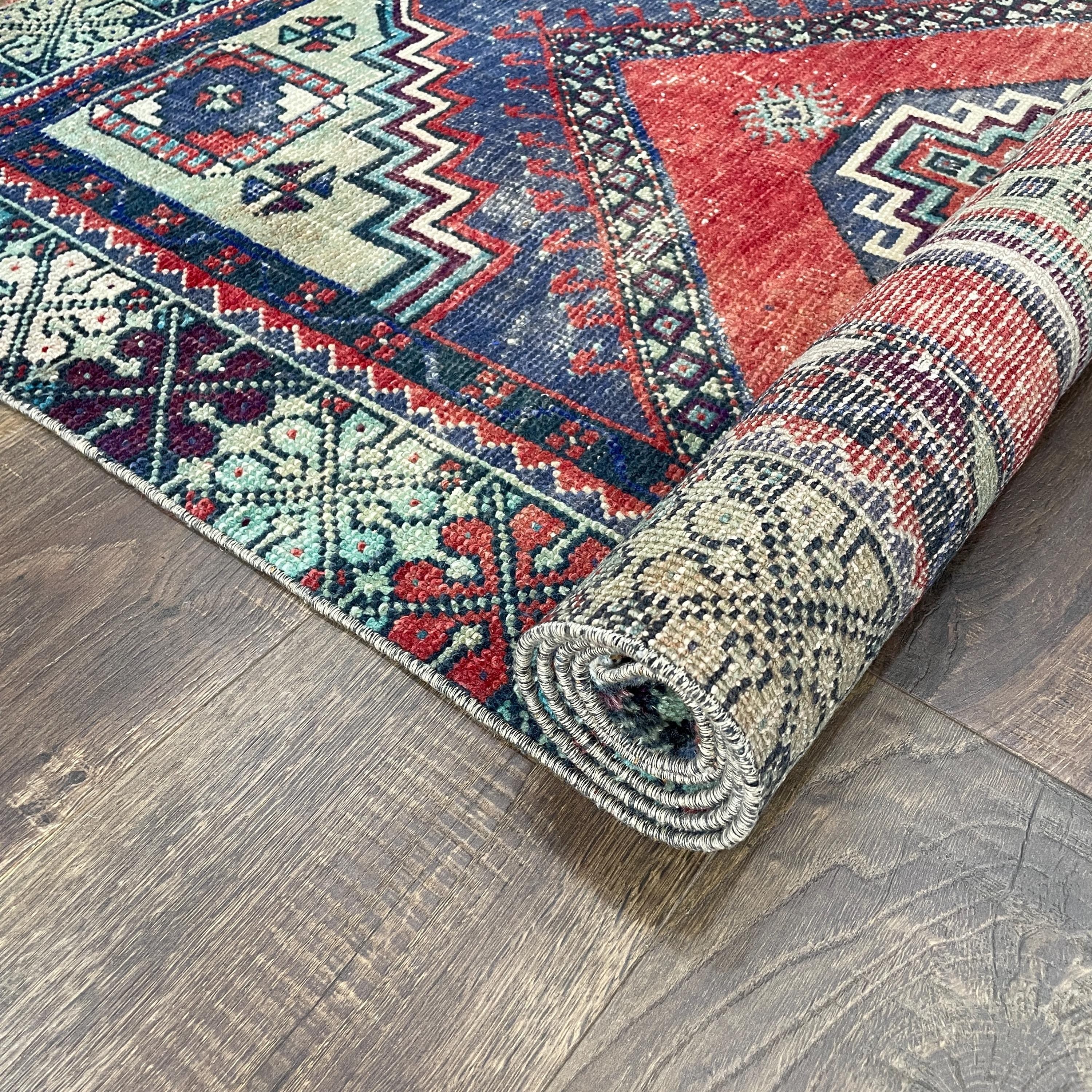 Handmade Turkish Wool Hallway Rug: Vintage Tribal Geometric Design