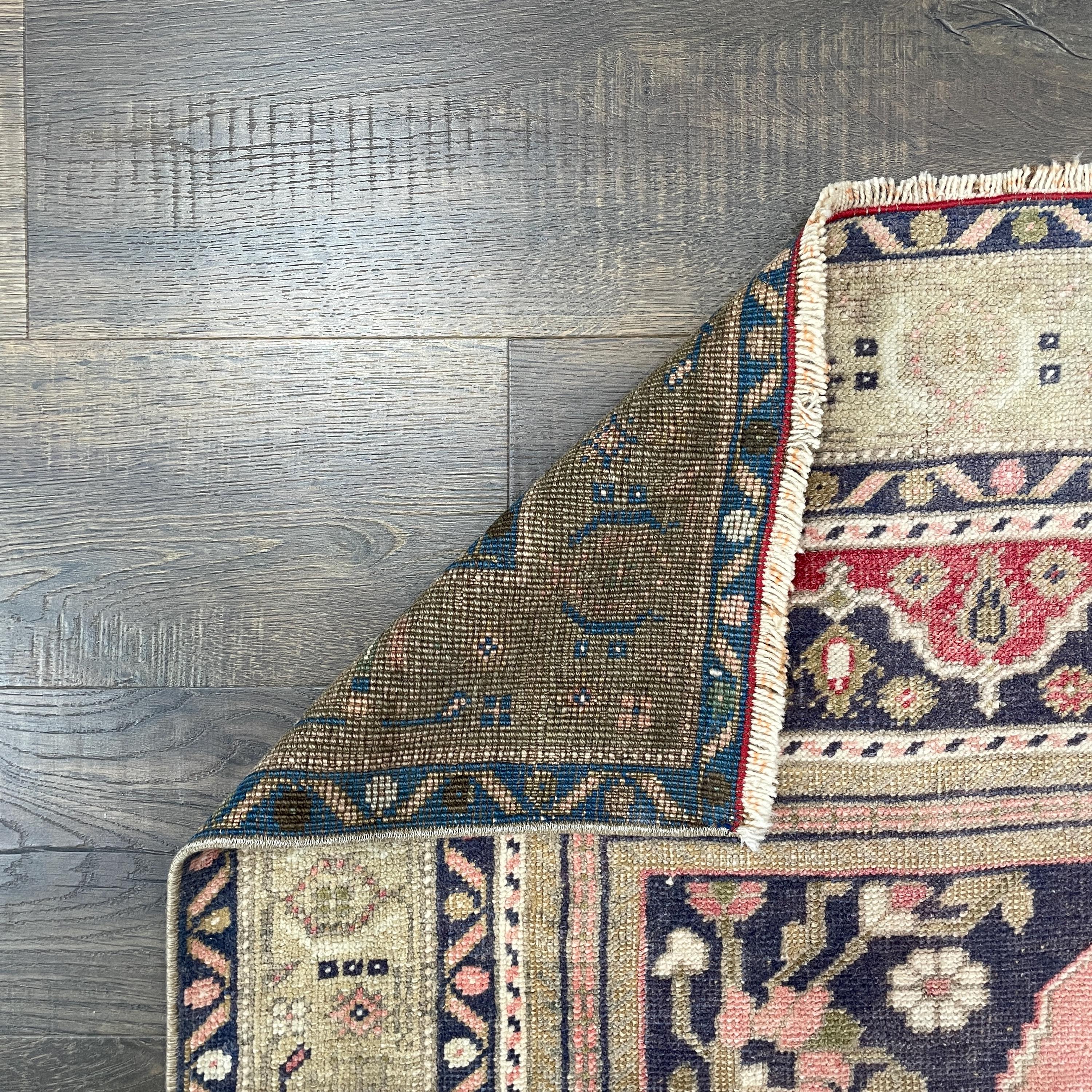 Vintage Turkish Wool Rug: 3'8" x 6'1", Pink & Navy Medallion