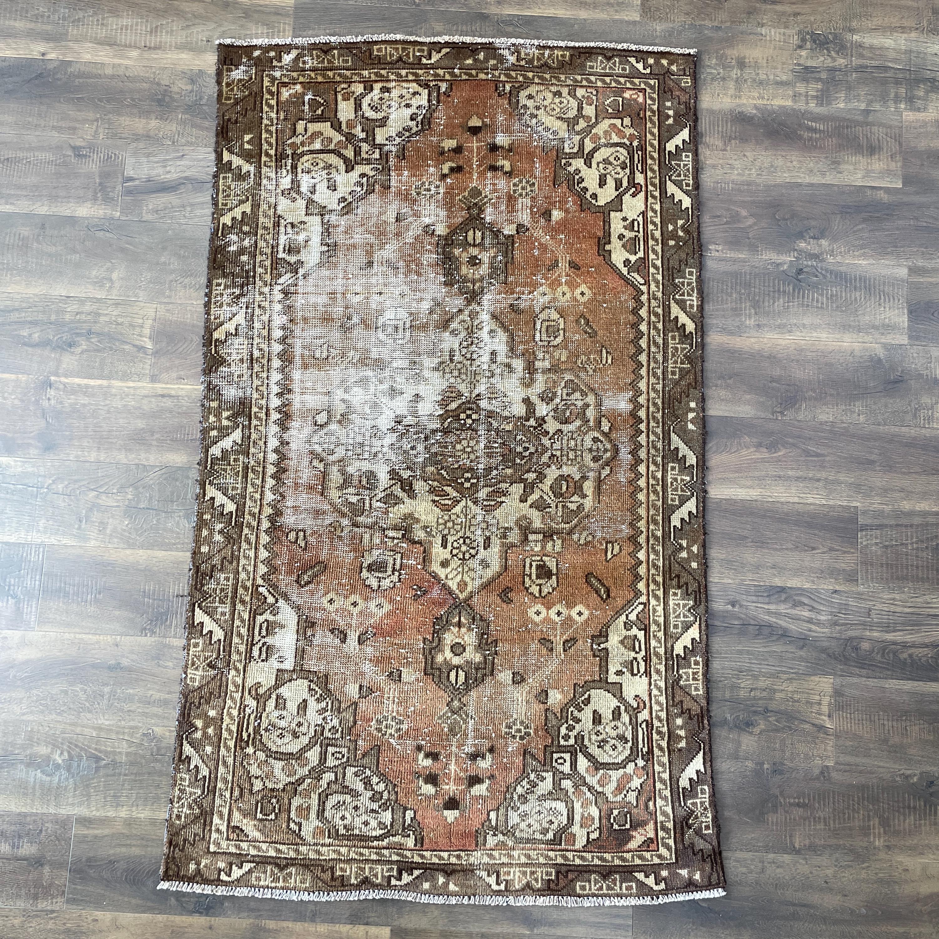 3'10"x6'5" Handmade Antique Turkish Wool Rug – Hand-Knotted Vintage Brown & Beige Medallion Carpet