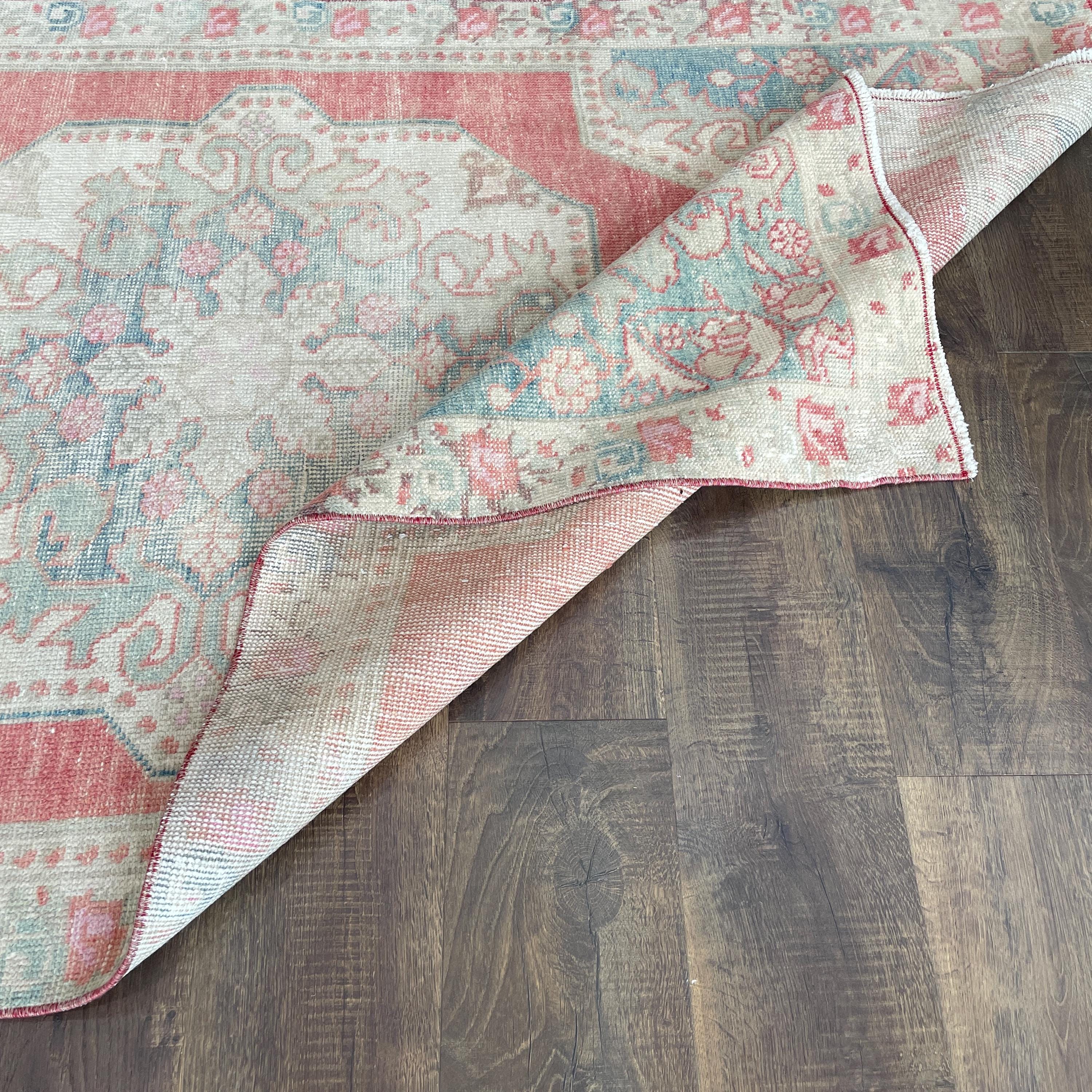 4'x7' Handmade Hand-Knotted Turkish Rug – Vintage Pink and Aqua Medallion Wool Rug