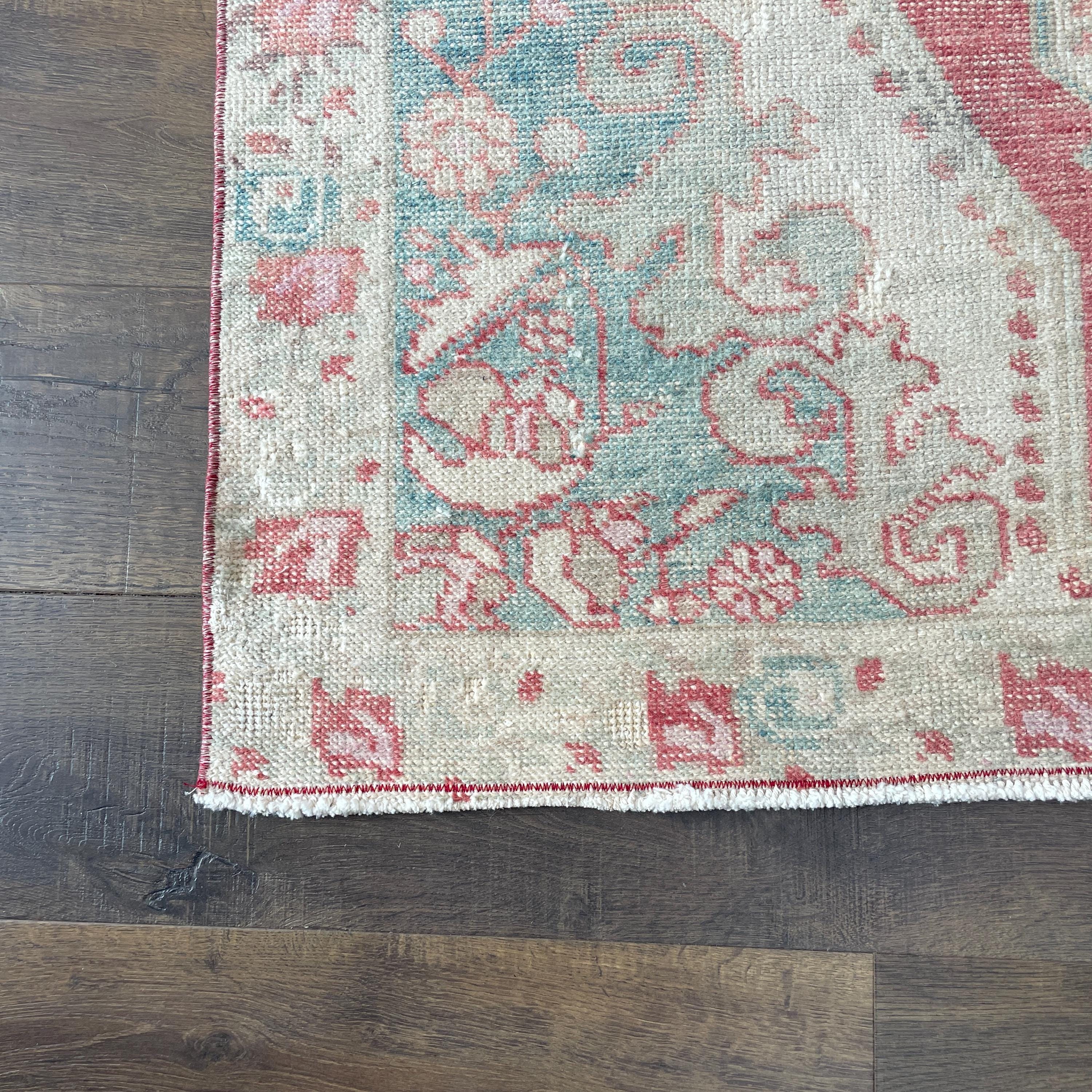 4'x7' Handmade Hand-Knotted Turkish Rug – Vintage Pink and Aqua Medallion Wool Rug