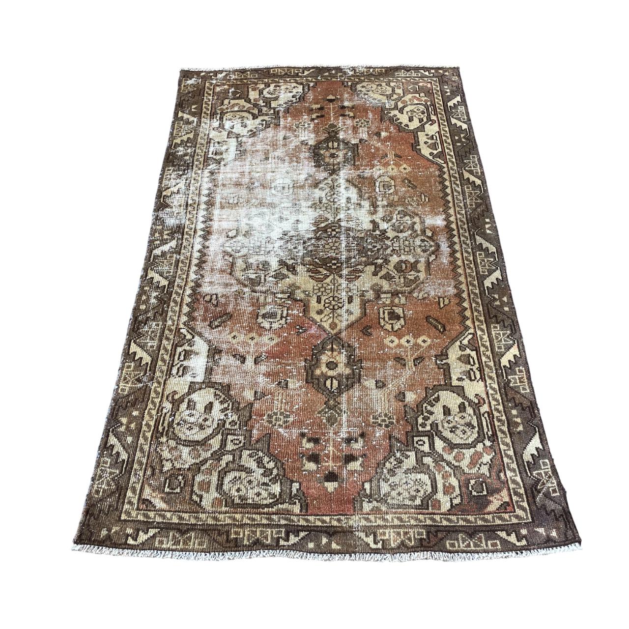 3'10"x6'5" Handmade Antique Turkish Wool Rug – Hand-Knotted Vintage Brown & Beige Medallion Carpet