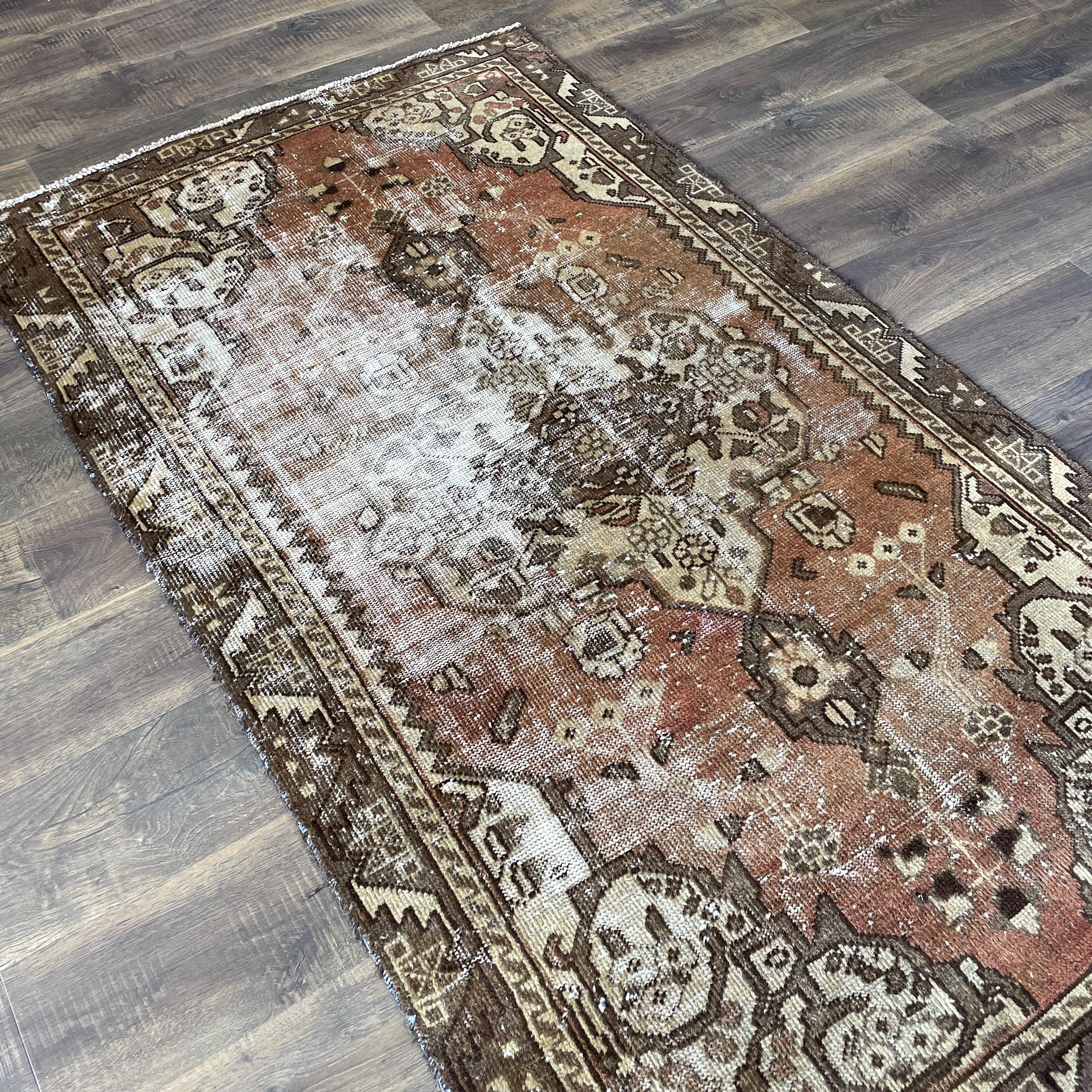 3'10"x6'5" Handmade Antique Turkish Wool Rug – Hand-Knotted Vintage Brown & Beige Medallion Carpet