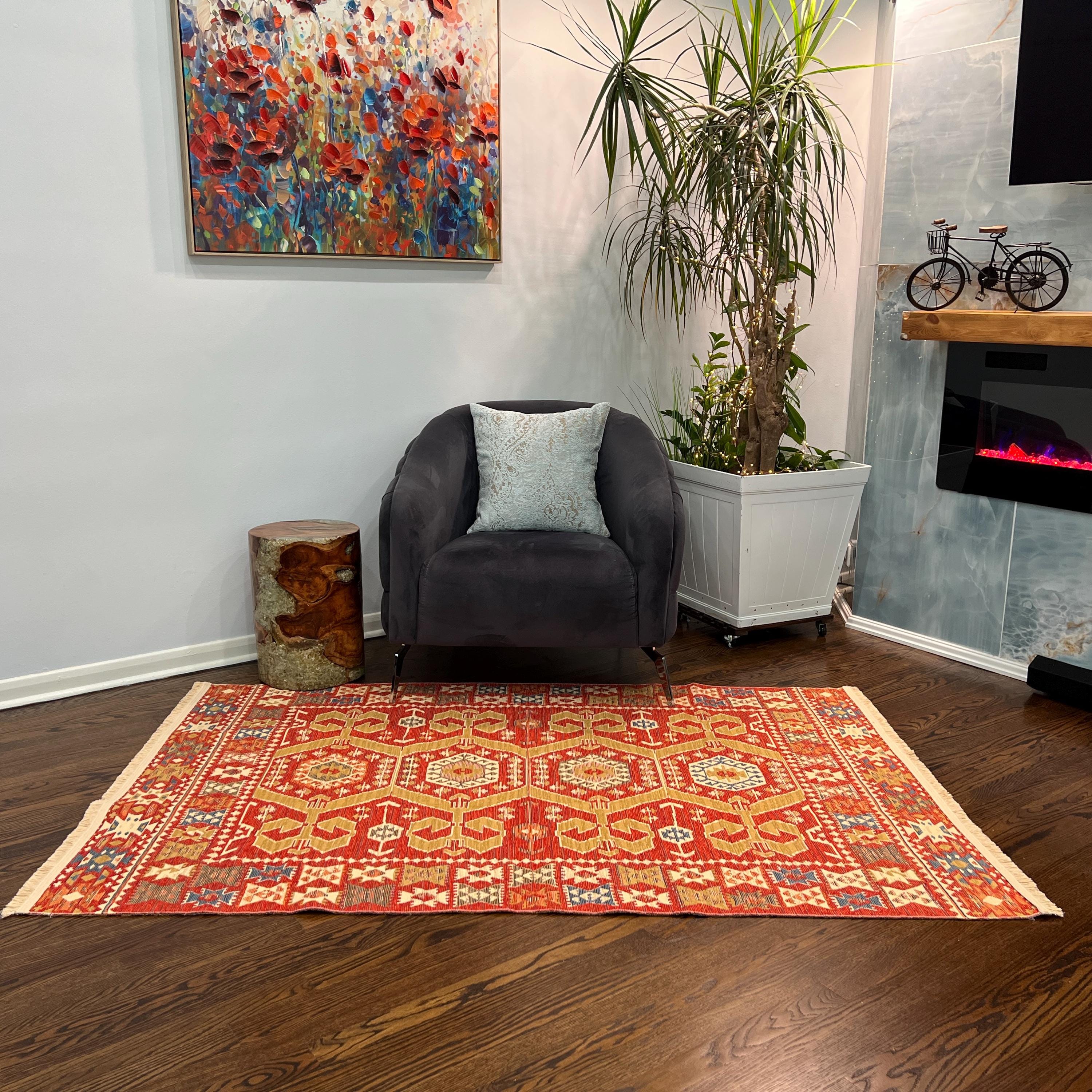 Turkish Kilim Rug with Hexagon Tribal Motifs – Red, Gold & Blue Flatweave - Multiple Sizes Available