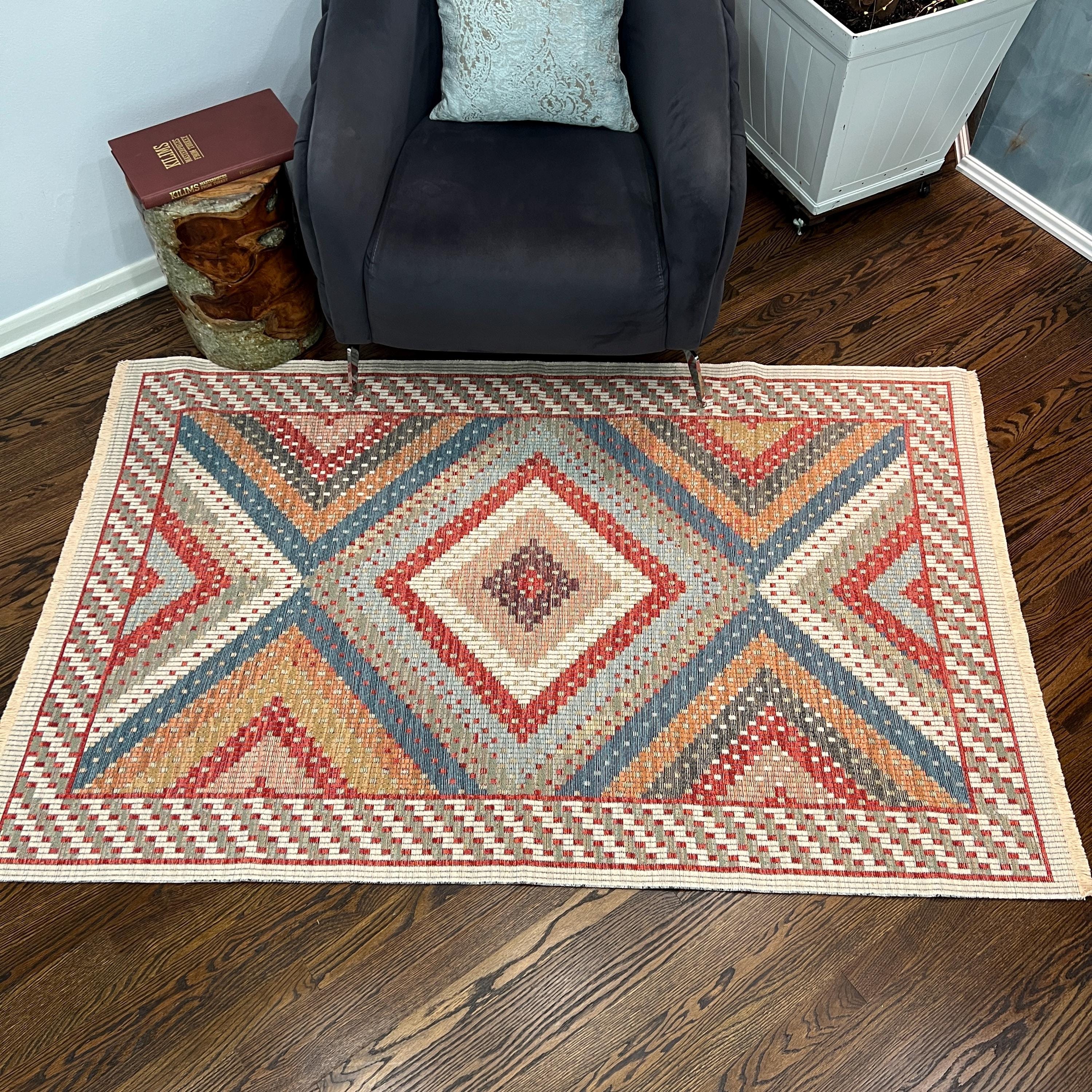 Diamond Kilim Style Rug: Red, Blue, Beige Flatweave