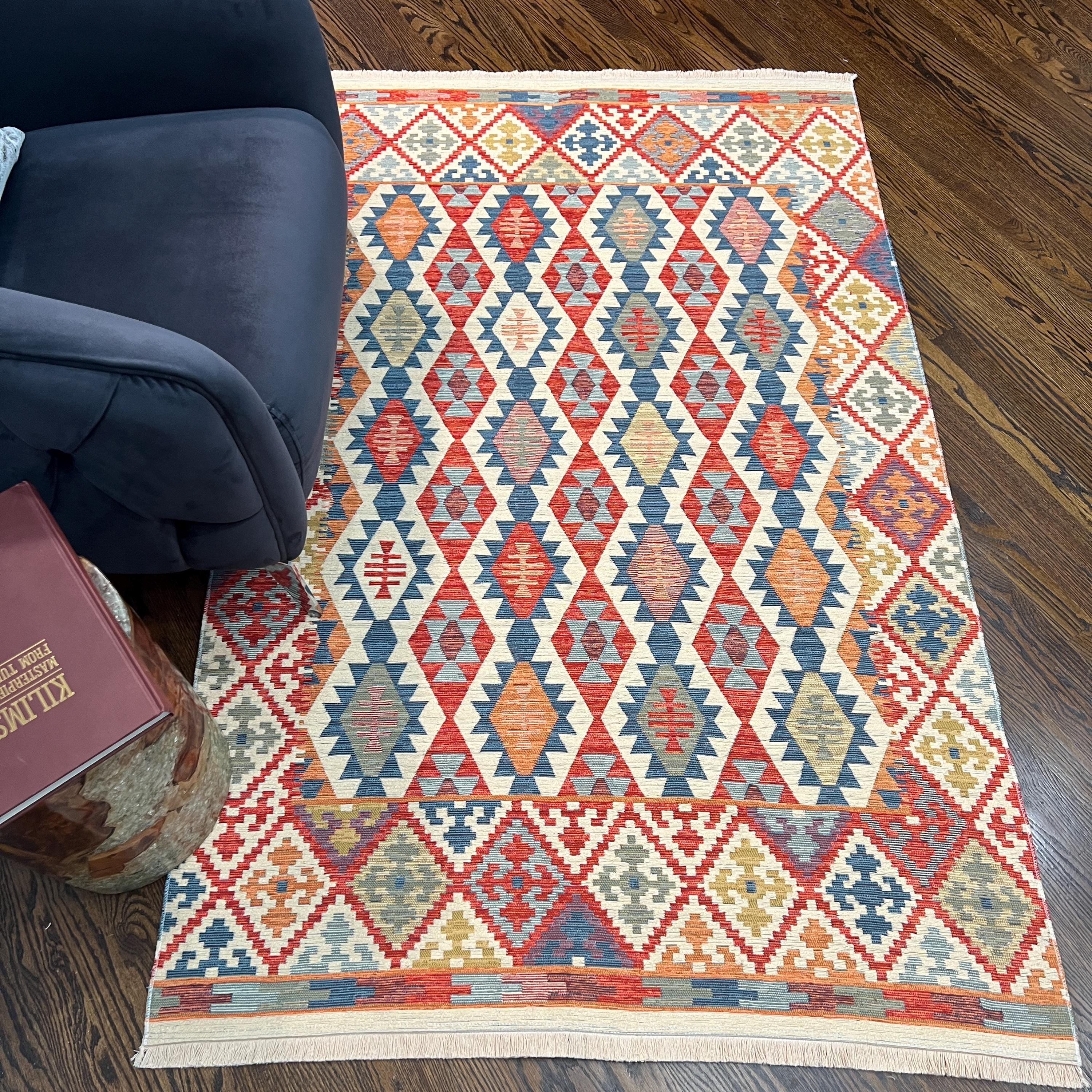 Red Turkish Kilim Rug: Geometric Cotton Flatweave - Woven in Turkey
