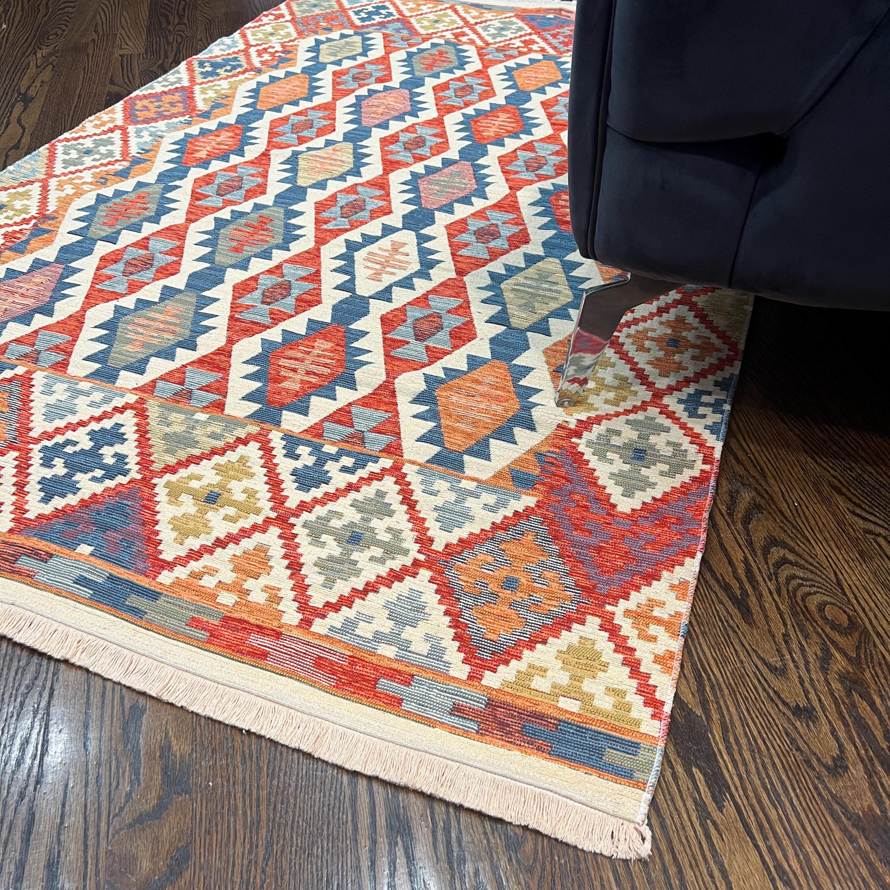 Red Turkish Kilim Rug: Geometric Cotton Flatweave - Woven in Turkey