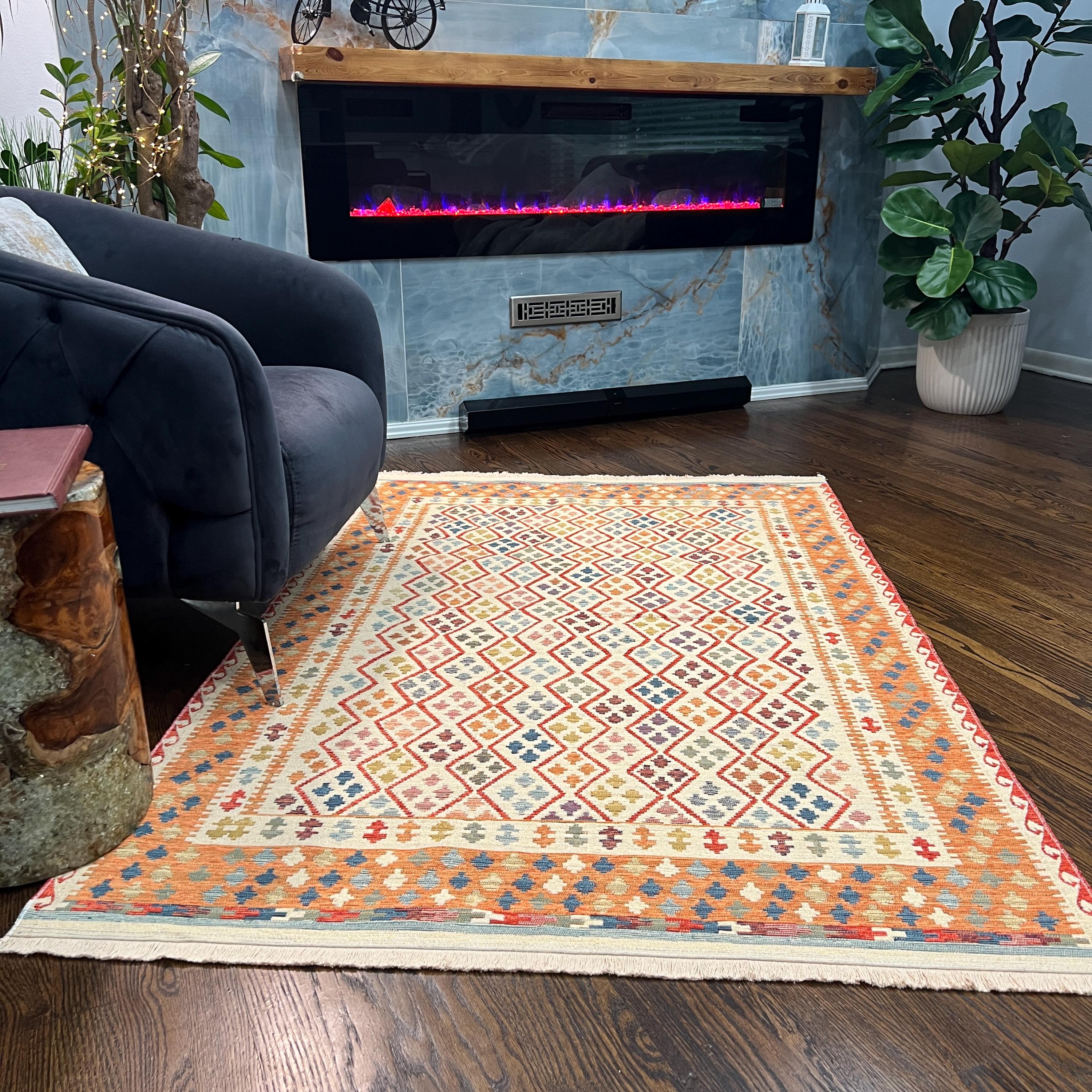 Pastel Tribal Kilim Style Rug – Orange, Cream & Multicolor Flatweave – Runner or Area Rug