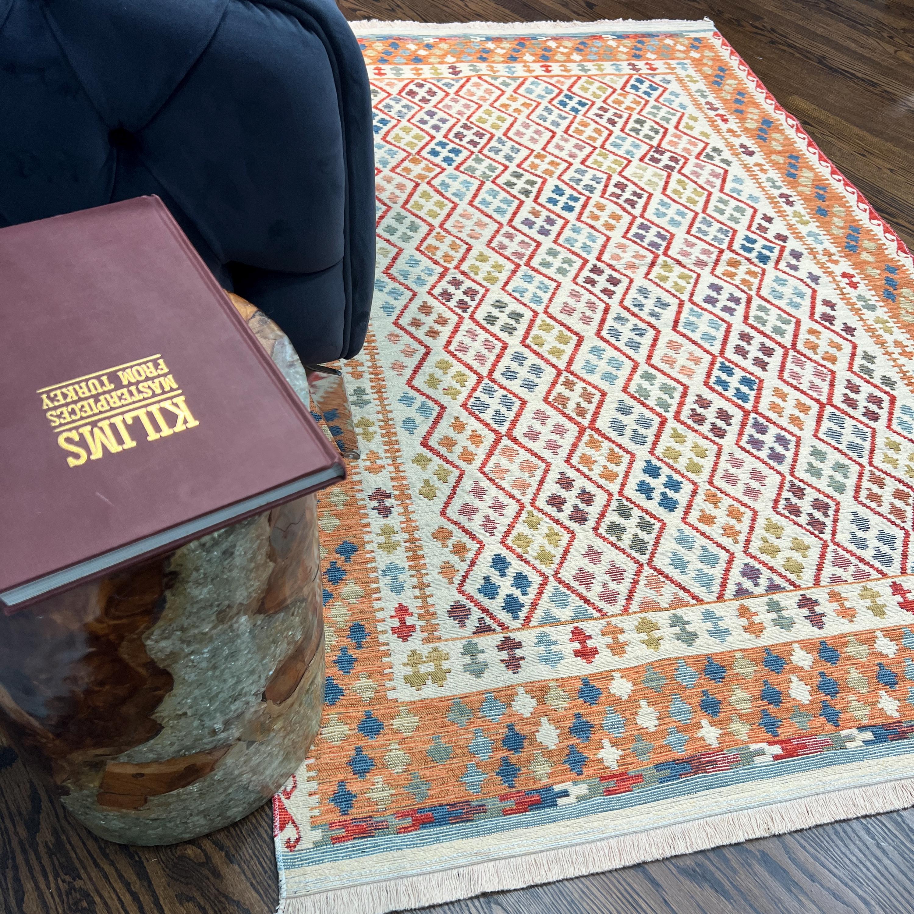 Pastel Tribal Kilim Style Rug – Orange, Cream & Multicolor Flatweave – Runner or Area Rug