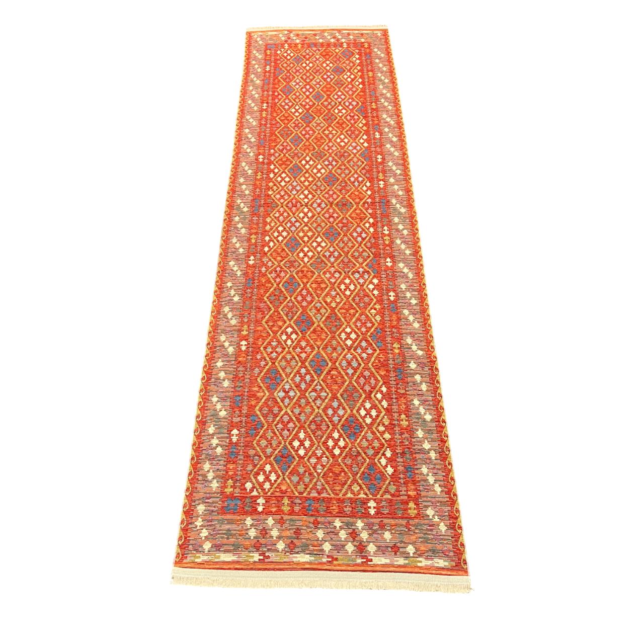 Red Kilim Style Cotton Rug: Tribal Turkish Design, Reversible Flatweave