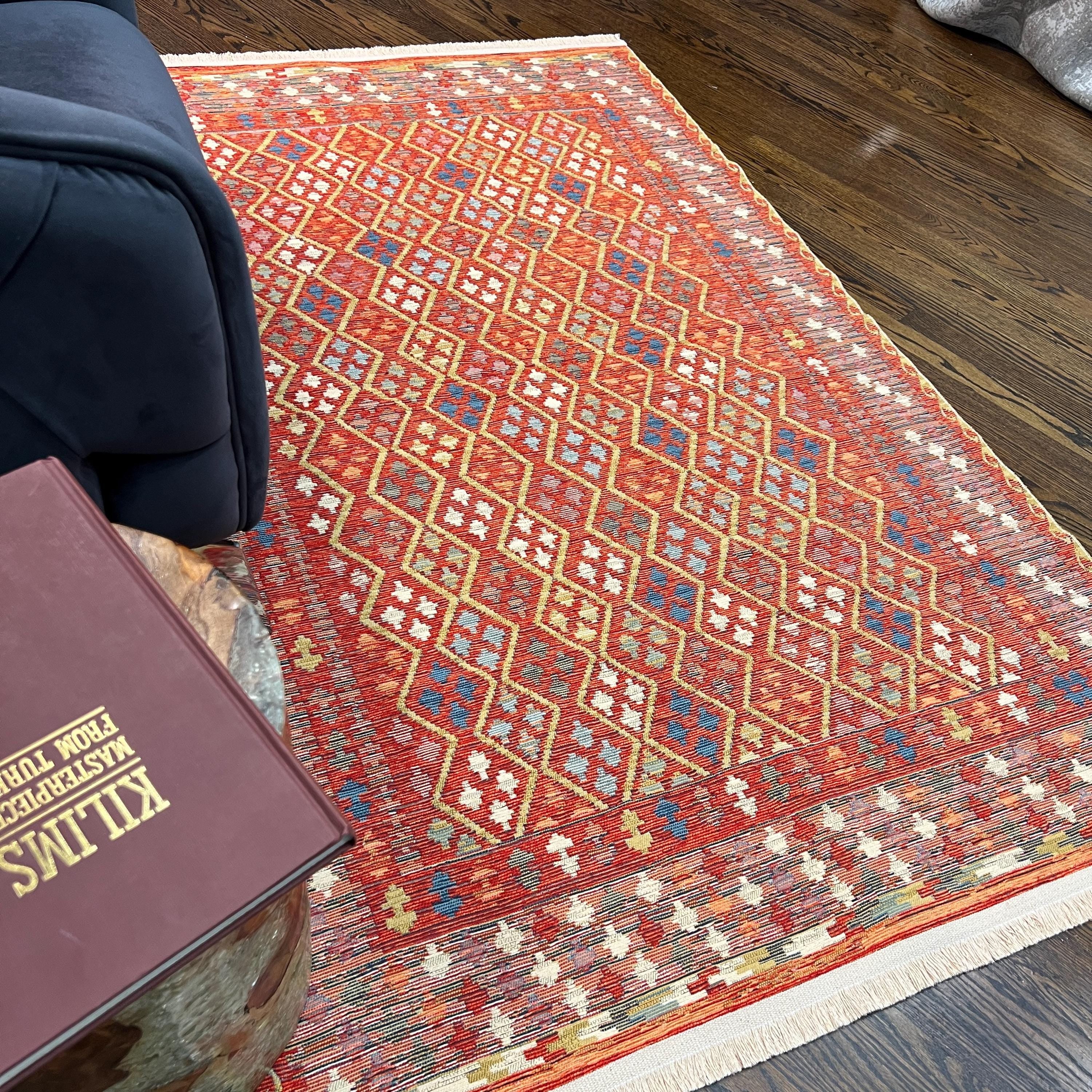 Red Kilim Style Cotton Rug: Tribal Turkish Design, Reversible Flatweave