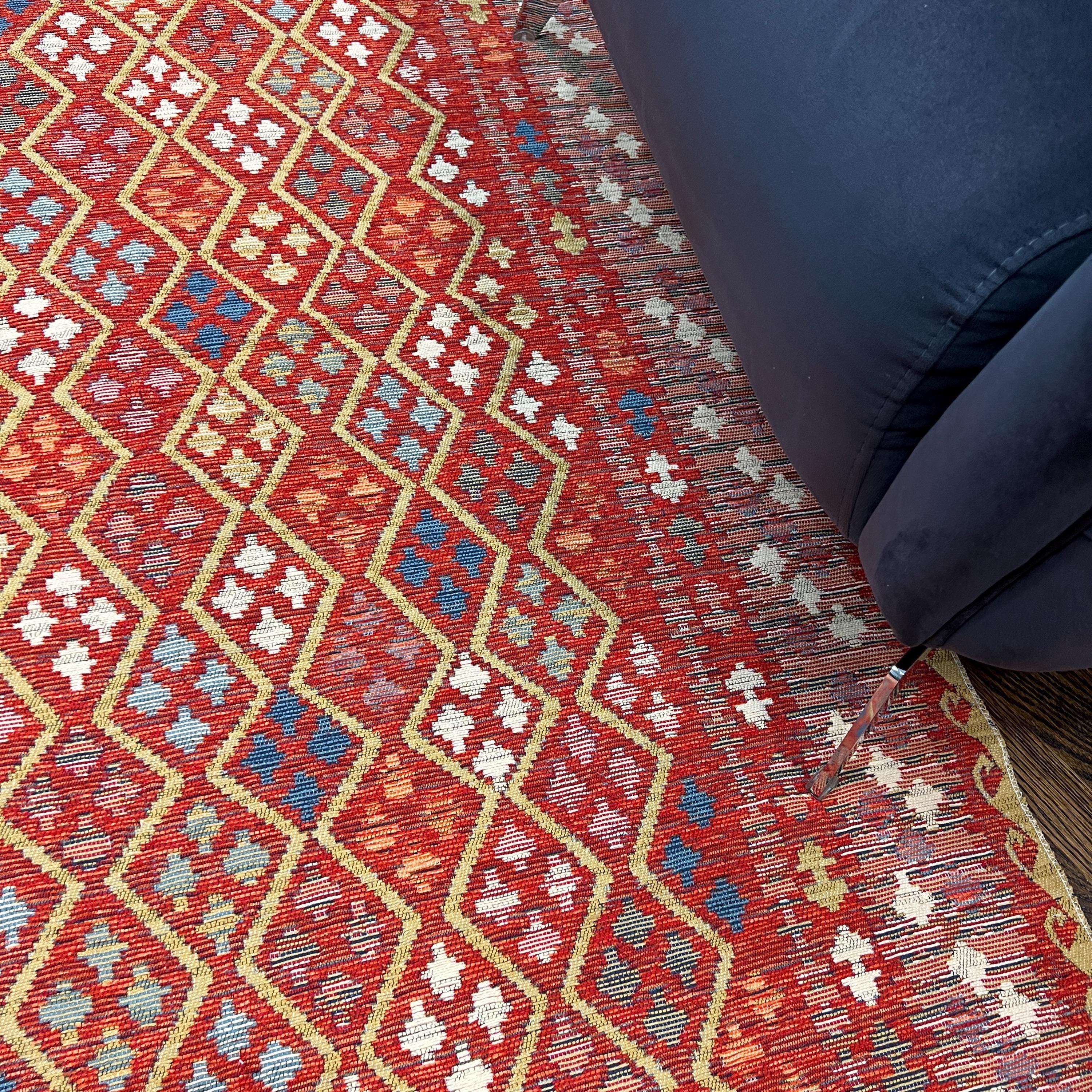 Red Kilim Style Cotton Rug: Tribal Turkish Design, Reversible Flatweave