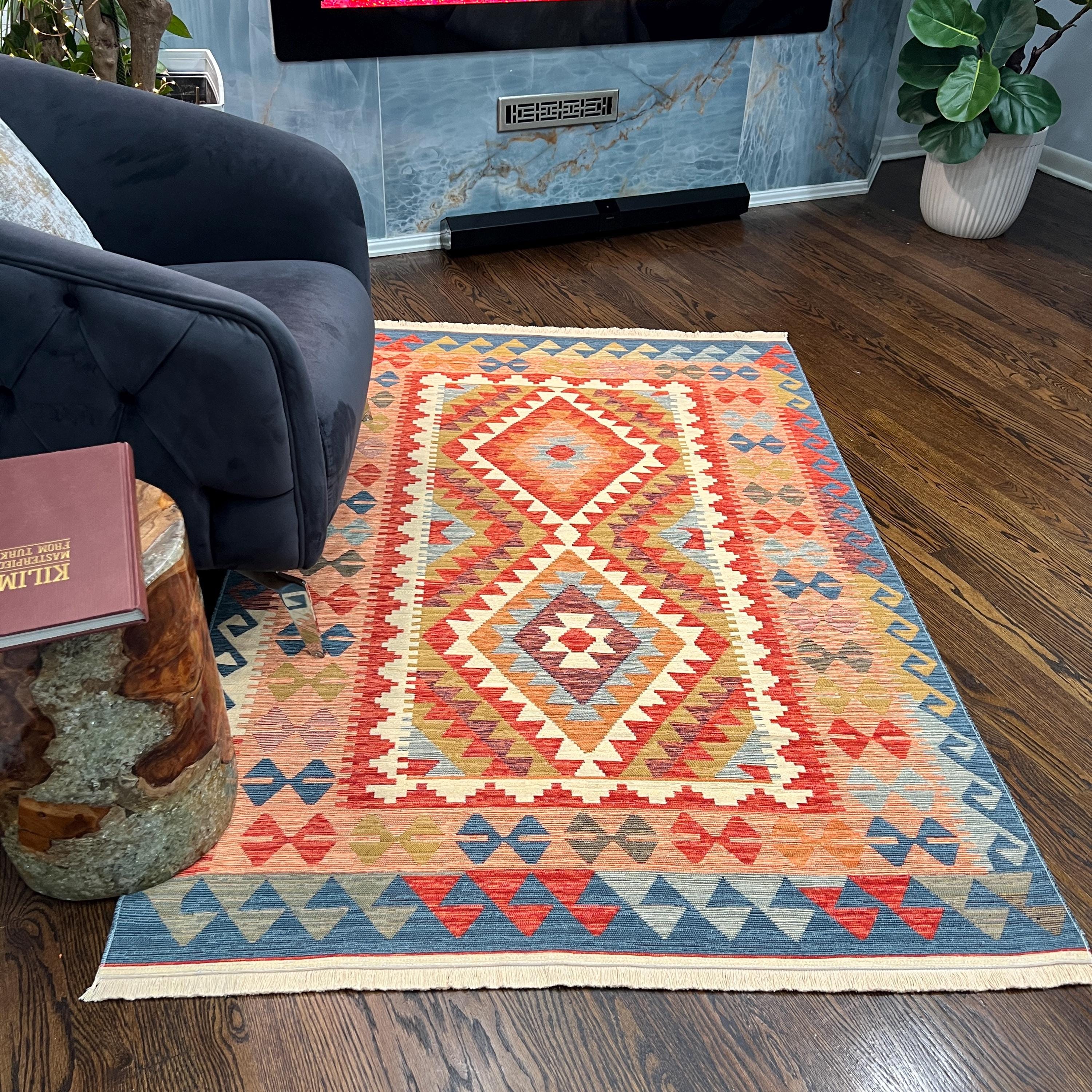 Bohemian Kilim Rug: Woven Cotton Tribal Flatweave - Warm Rich Colors