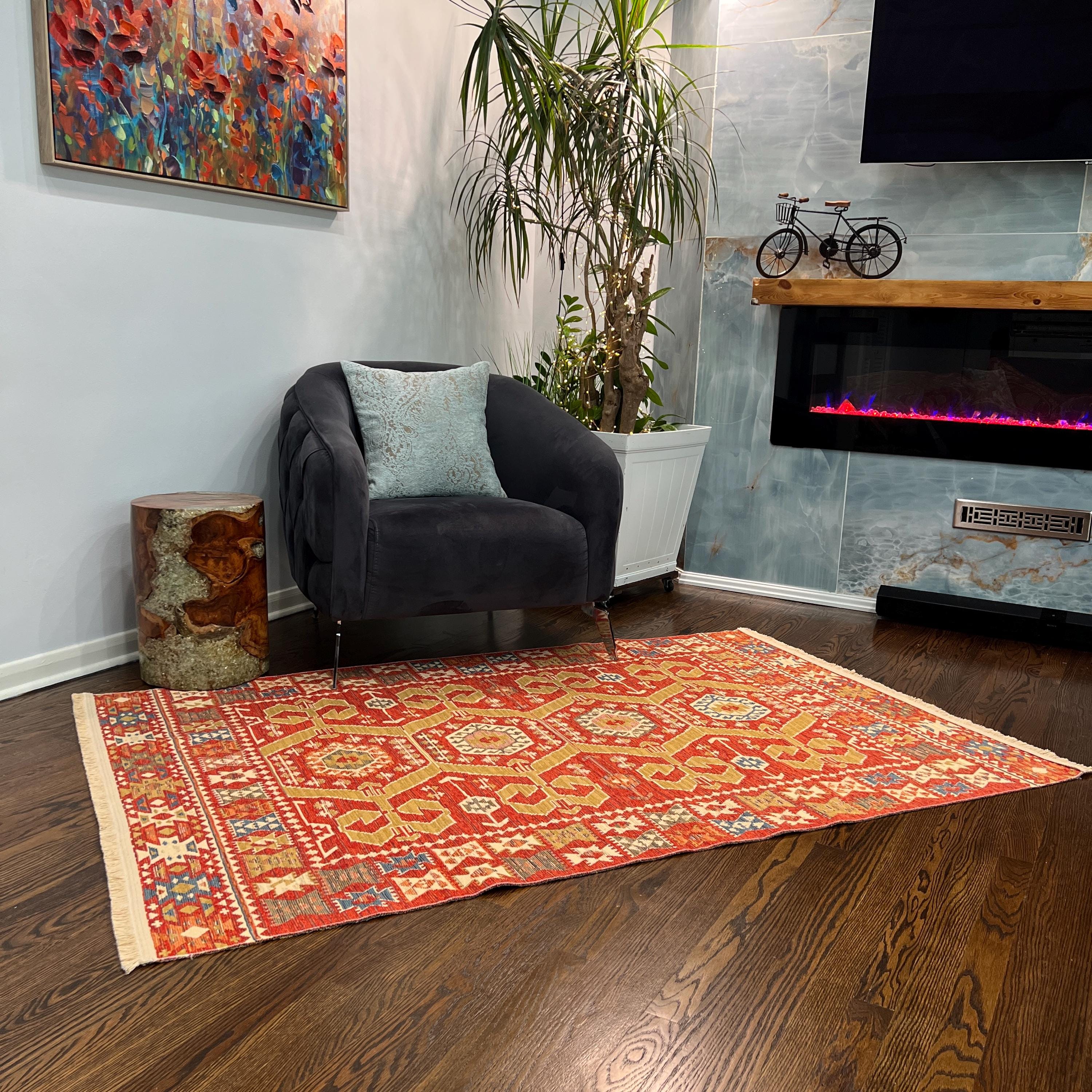 Turkish Kilim Rug with Hexagon Tribal Motifs – Red, Gold & Blue Flatweave - Multiple Sizes Available
