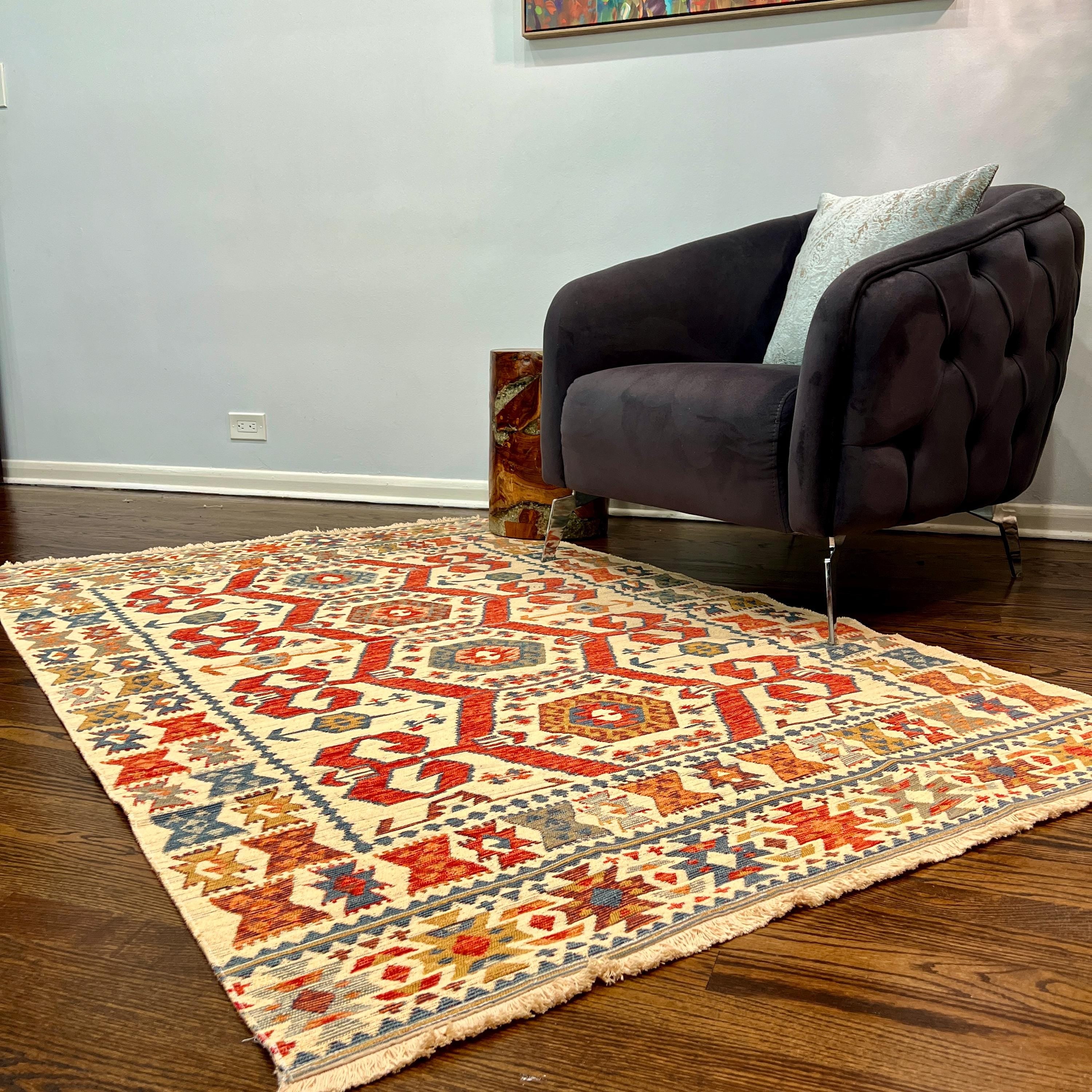 Turkish Kilim Style Rug – Cream, Red & Blue Tribal Geometric Flatweave – Multiple Sizes Available