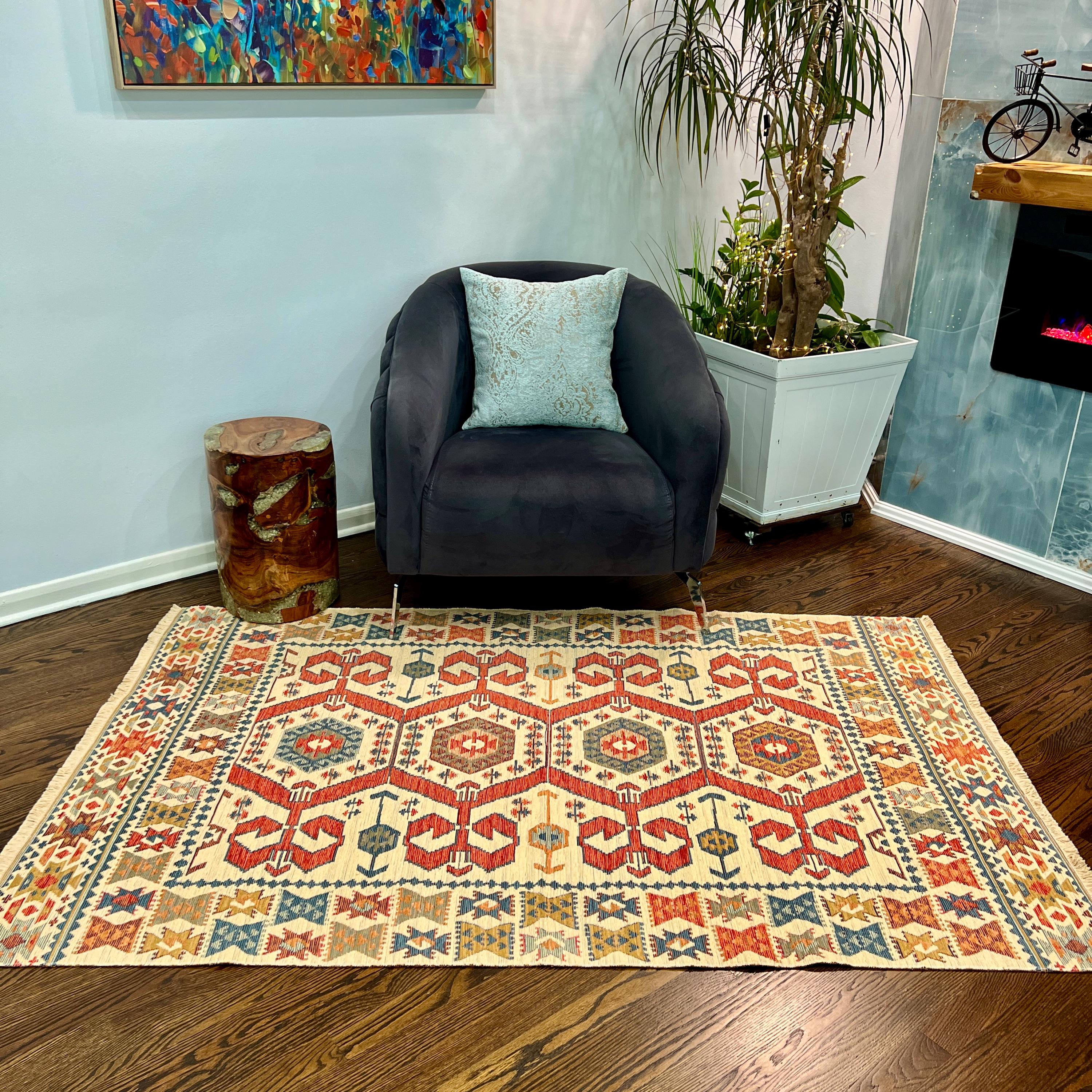 Turkish Kilim Style Rug – Cream, Red & Blue Tribal Geometric Flatweave – Multiple Sizes Available