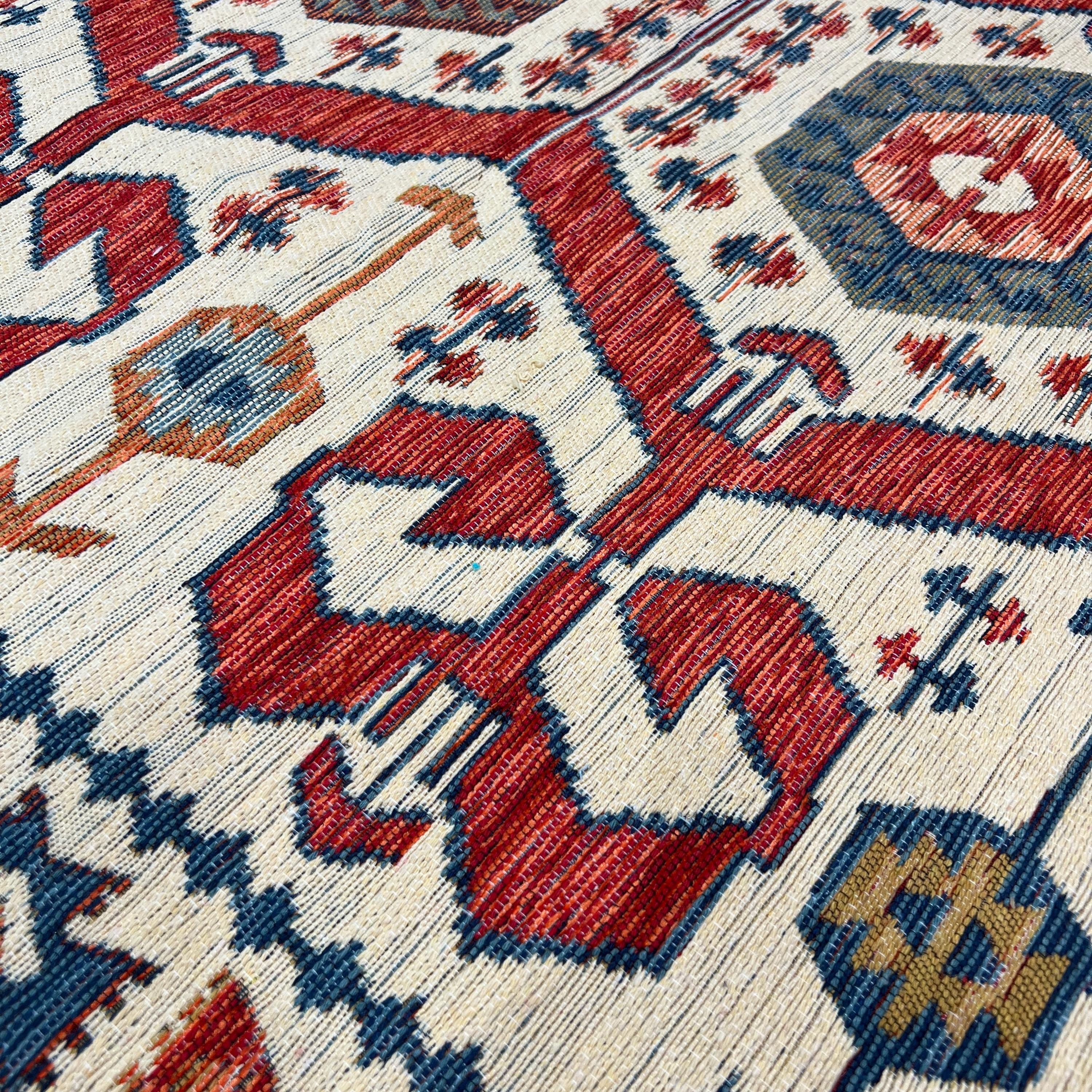Turkish Kilim Style Rug – Cream, Red & Blue Tribal Geometric Flatweave – Multiple Sizes Available