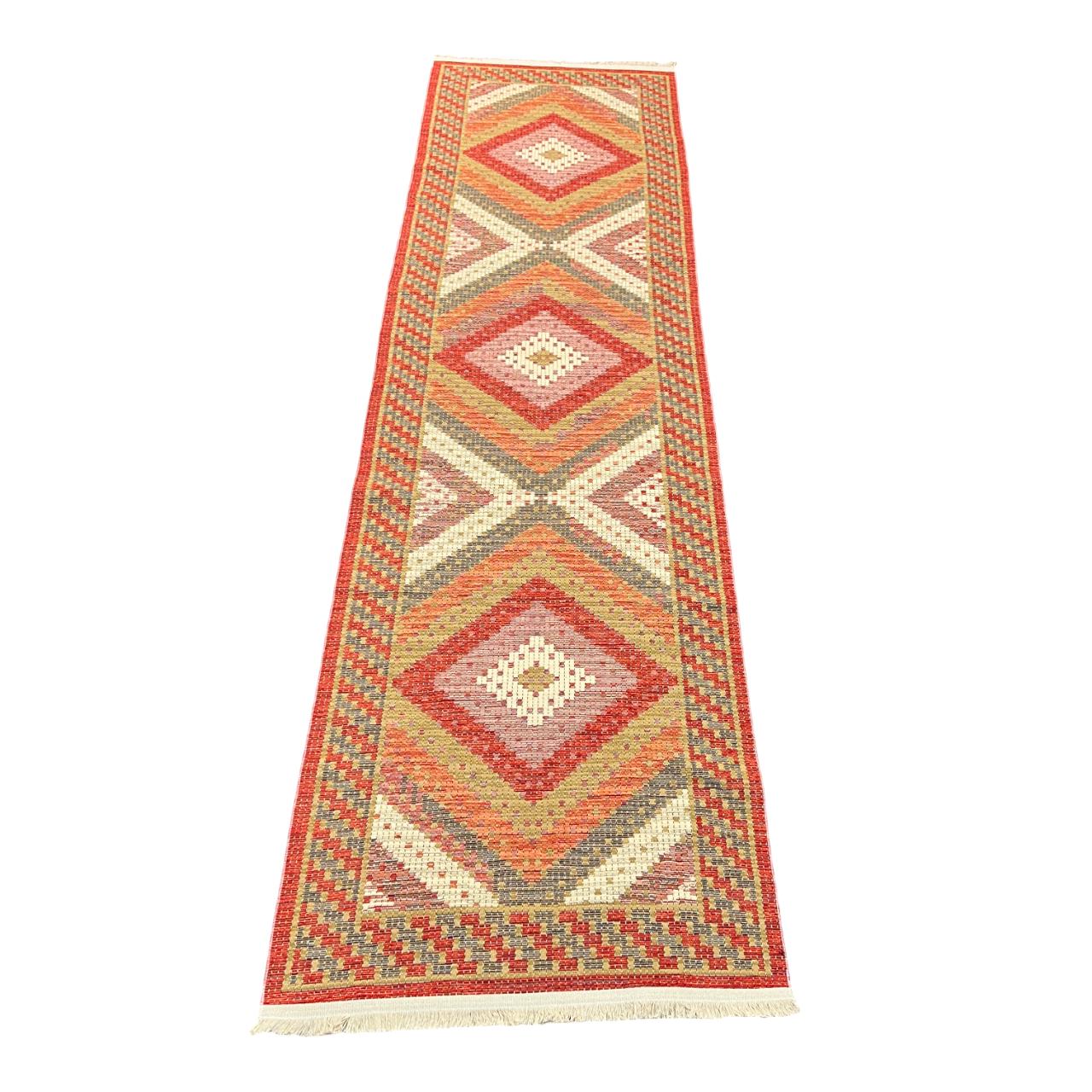 Orange Diamond Kilim Rug: Tribal Flat-Weave Cotton Blend