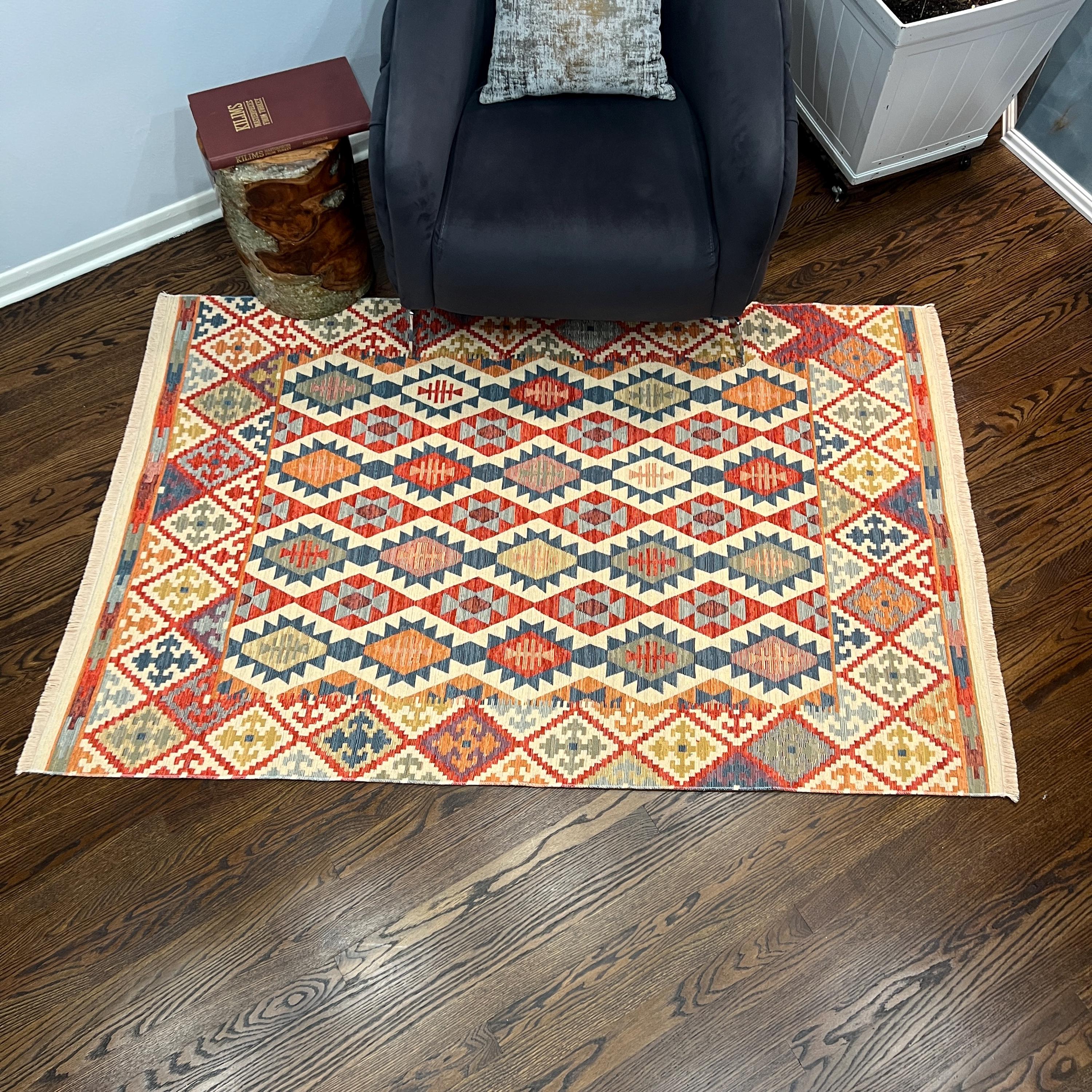 Red Turkish Kilim Rug: Geometric Cotton Flatweave - Woven in Turkey