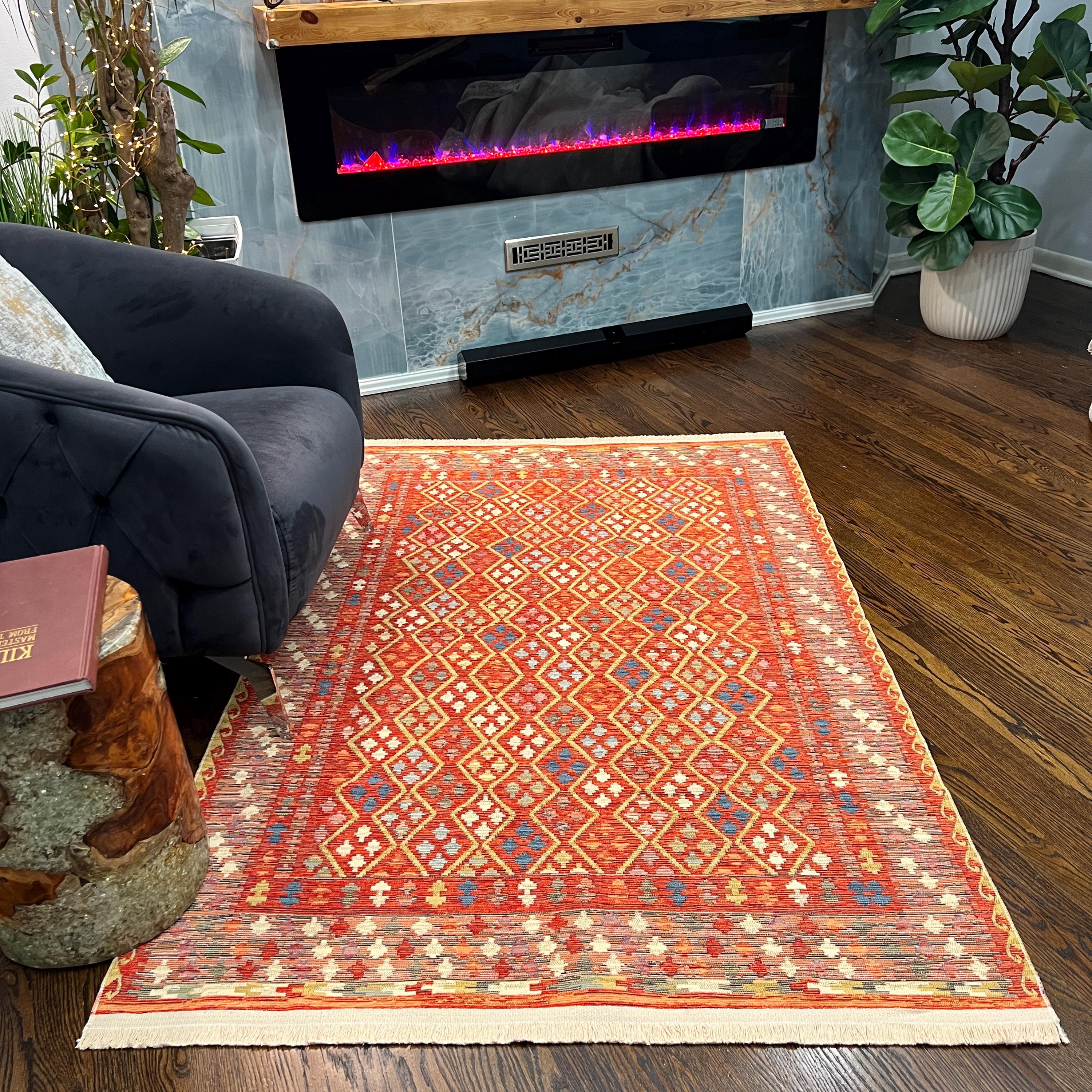 Red Kilim Style Cotton Rug: Tribal Turkish Design, Reversible Flatweave