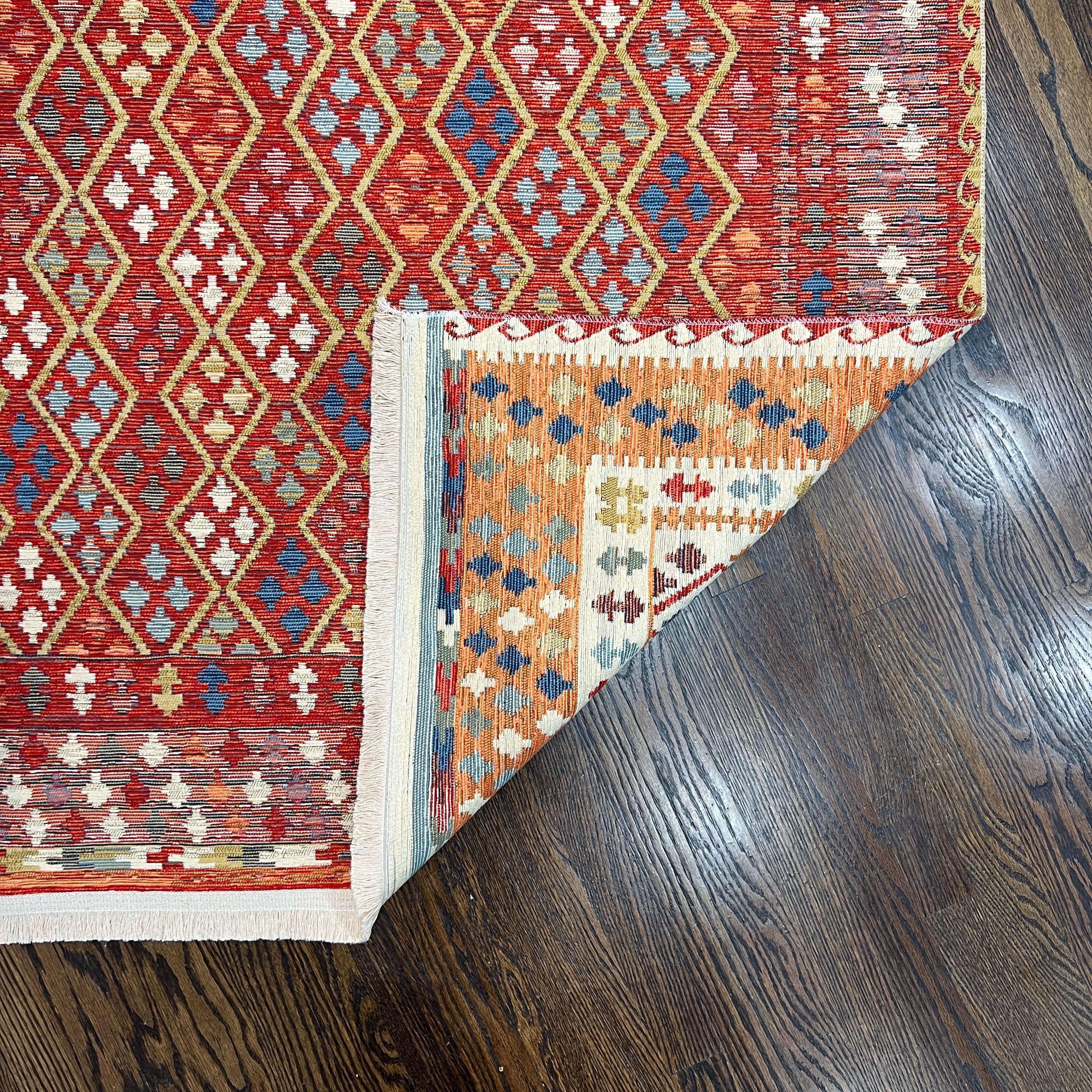 Red Kilim Style Cotton Rug: Tribal Turkish Design, Reversible Flatweave