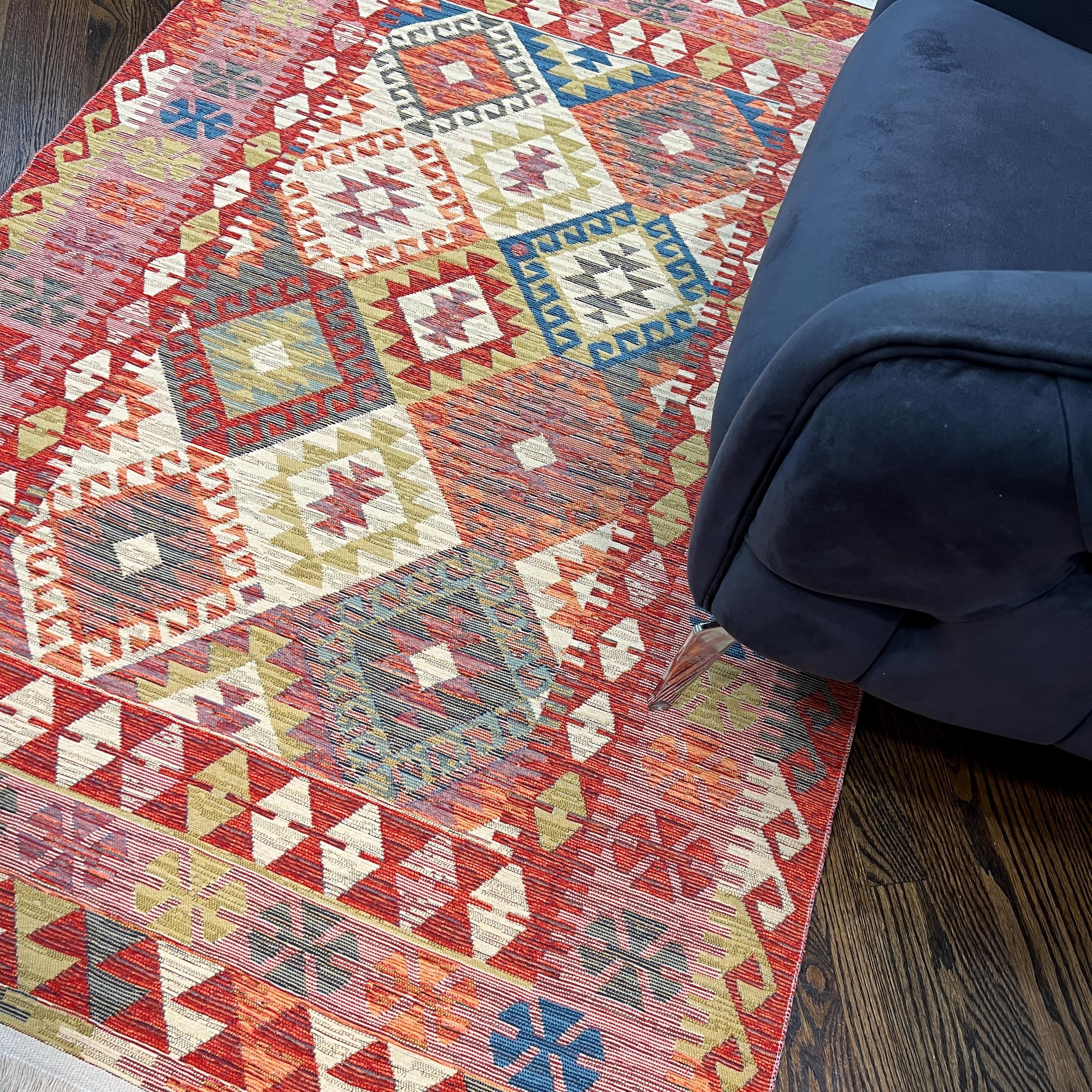 Boho Cotton Kilim Rug: Vibrant Tribal Diamond Design