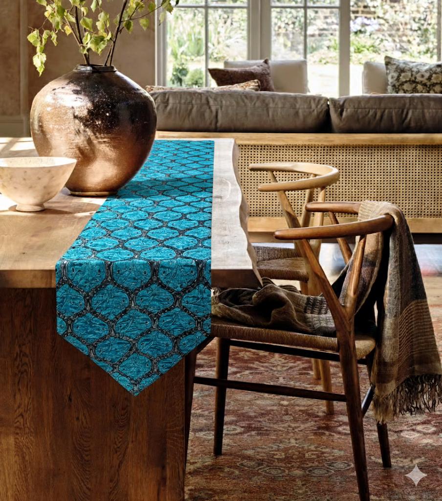 Boho Turquoise Kilim Table Runner: Jacquard Chenille, Geometric Dining Decor