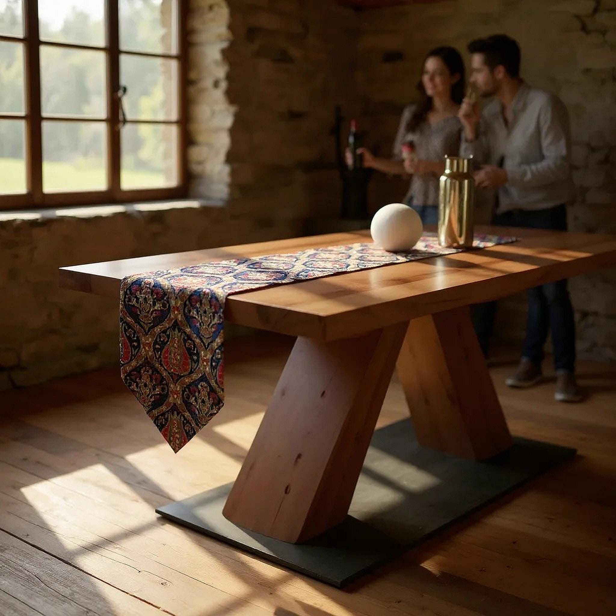 Navy Blue Turkish Kilim Table Runner: Jacquard Chenille, Boho Dining Decor