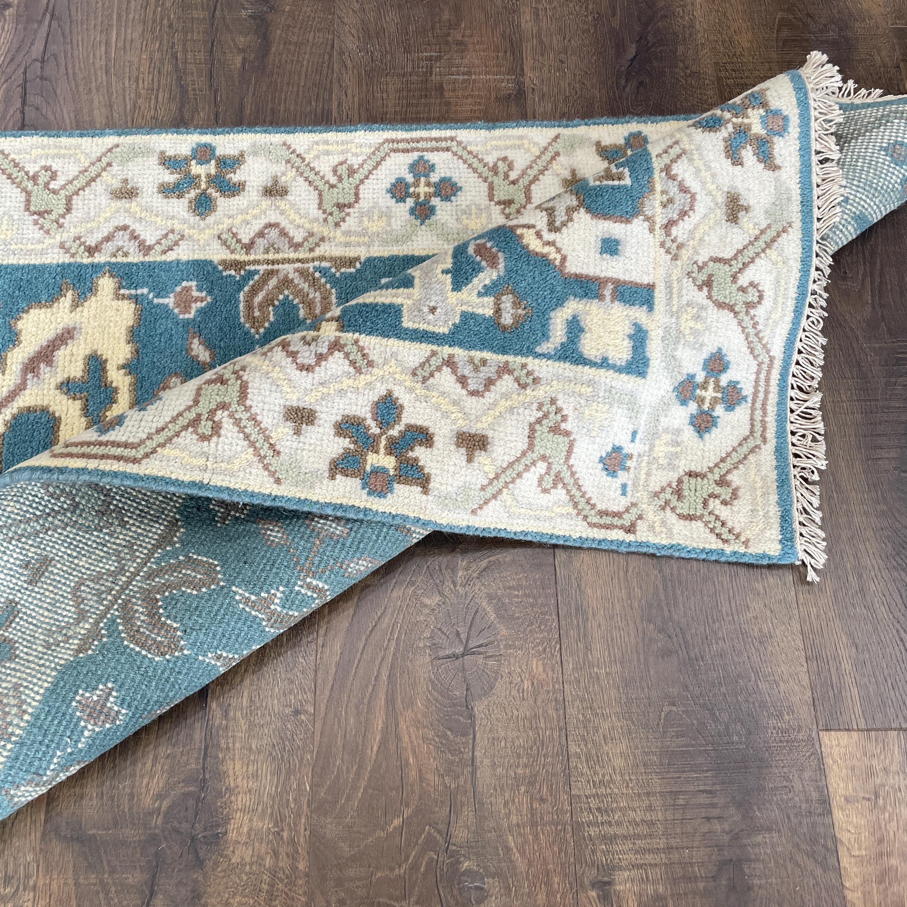 2'7" x 8' Handmade Hand-Knotted Wool Runner Rug – Blue Beige Turkish Hallway Rug