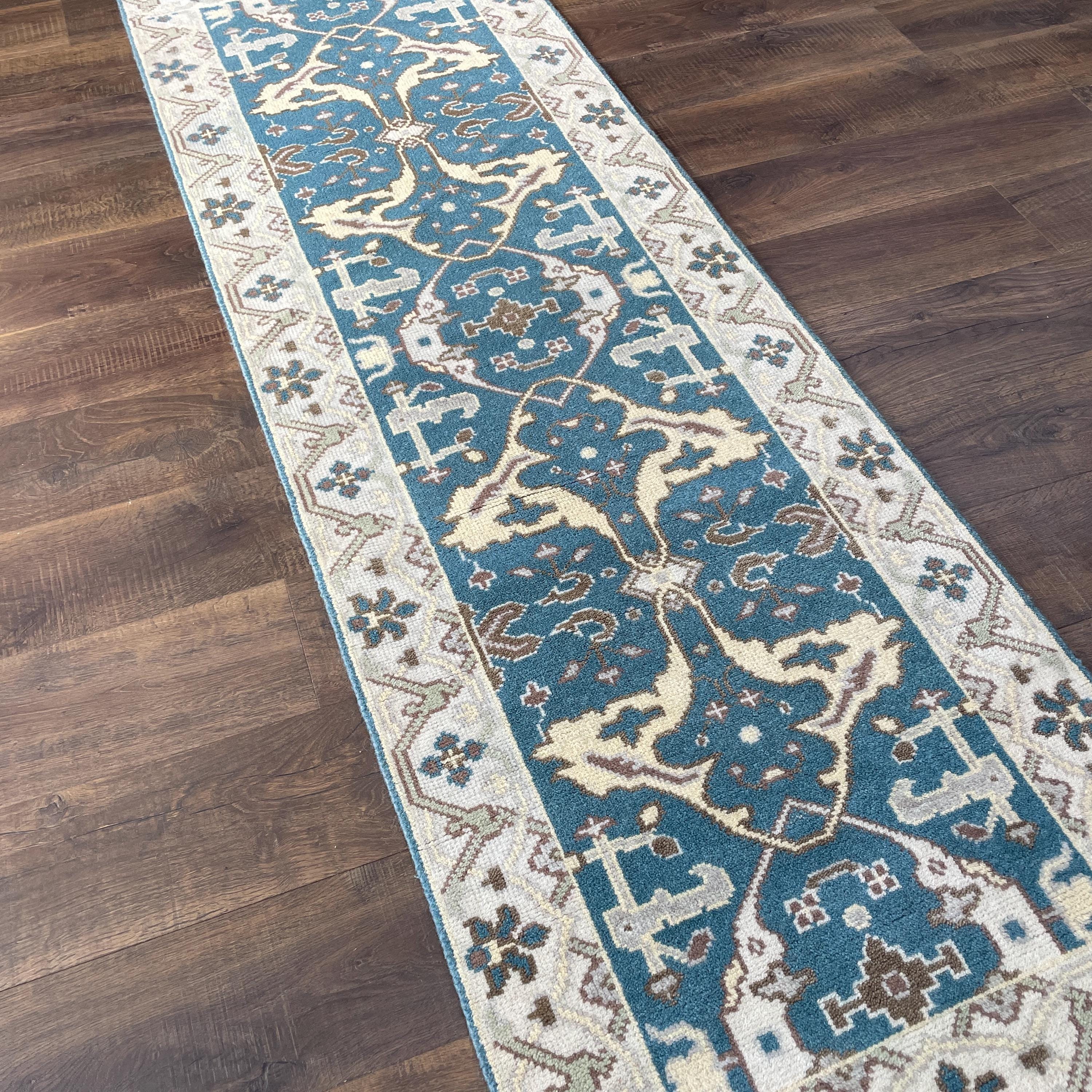 2'7" x 8' Handmade Hand-Knotted Wool Runner Rug – Blue Beige Turkish Hallway Rug