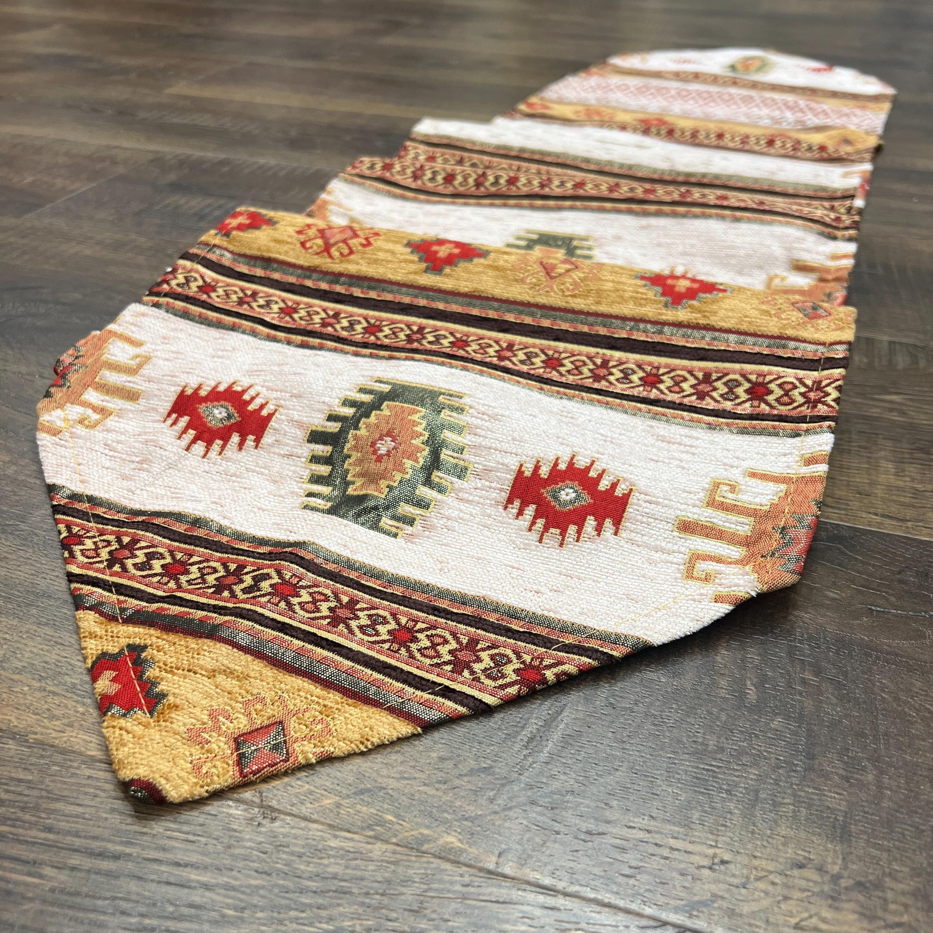 Fall Kilim Table Runner: Vintage Gold & White Jacquard Chenille