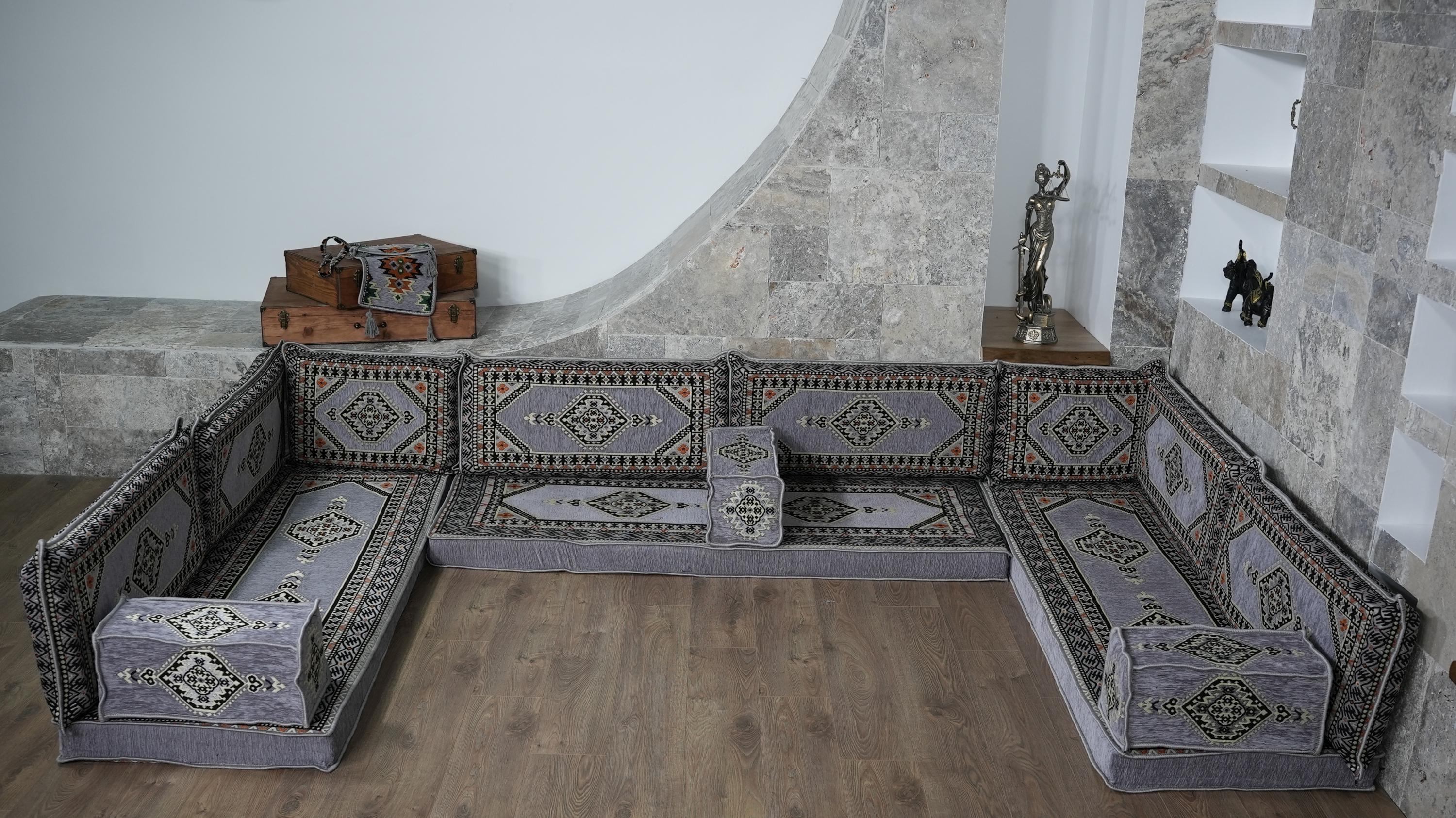 Gray U-Shaped Sofa Set, Turkish Palace Floor Seating Sectional Modular Couch Set