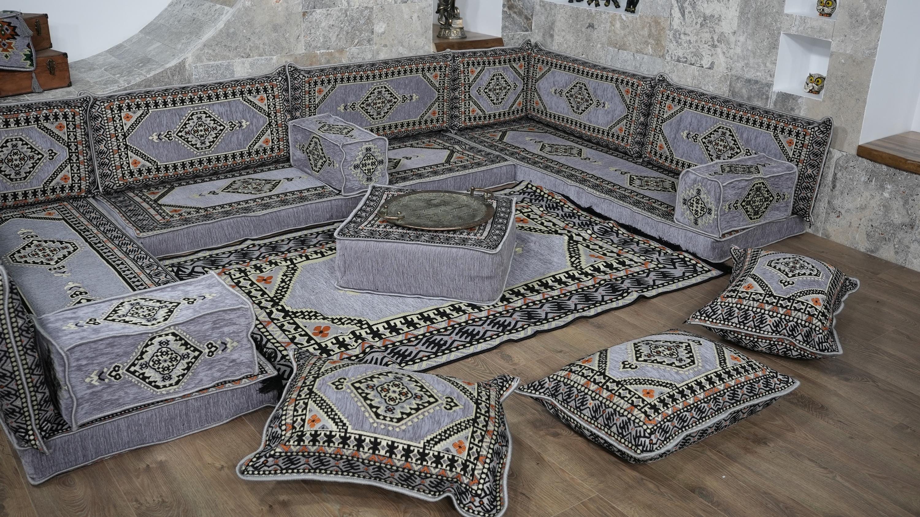 Gray U-Shaped Sofa Set, Turkish Palace Floor Seating Sectional Modular Couch Set