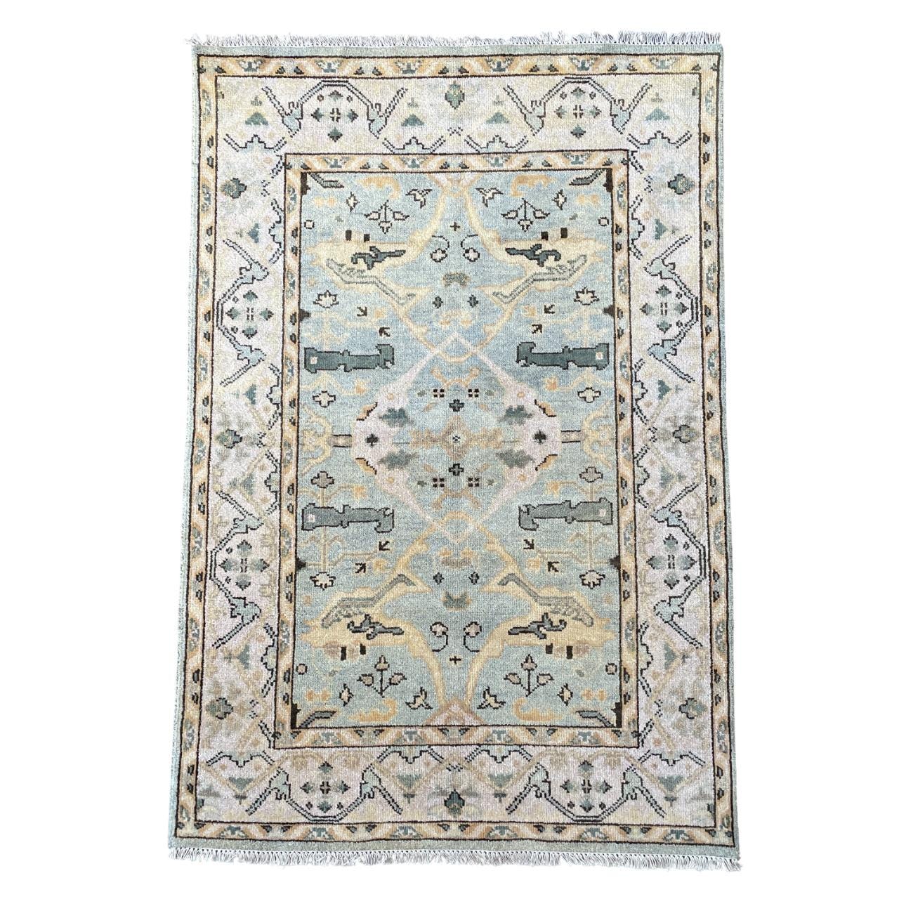 4' x 6' Handmade Hand-Knotted Wool Rug – Soft Blue Beige Vintage Turkish Rug