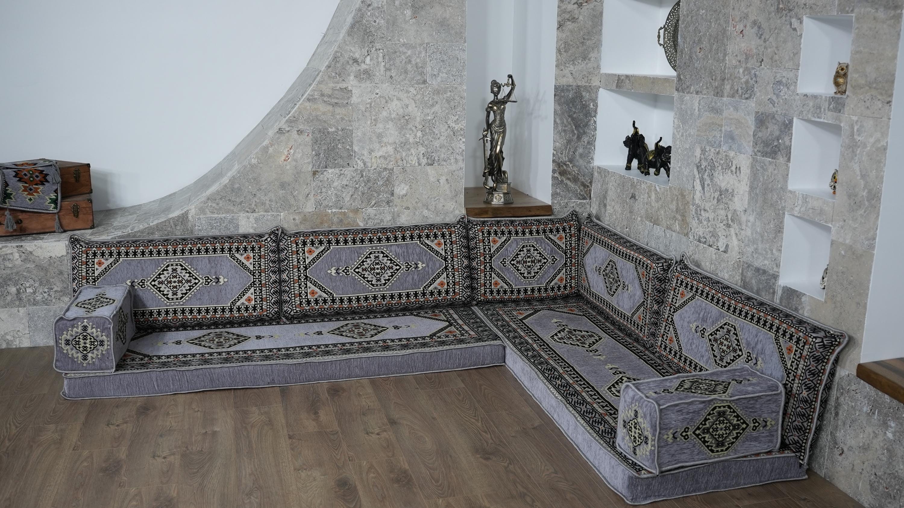 Gray L-Shaped Sofa Set, Turkish Palace Floor Seating Sectional Modular Couch Set