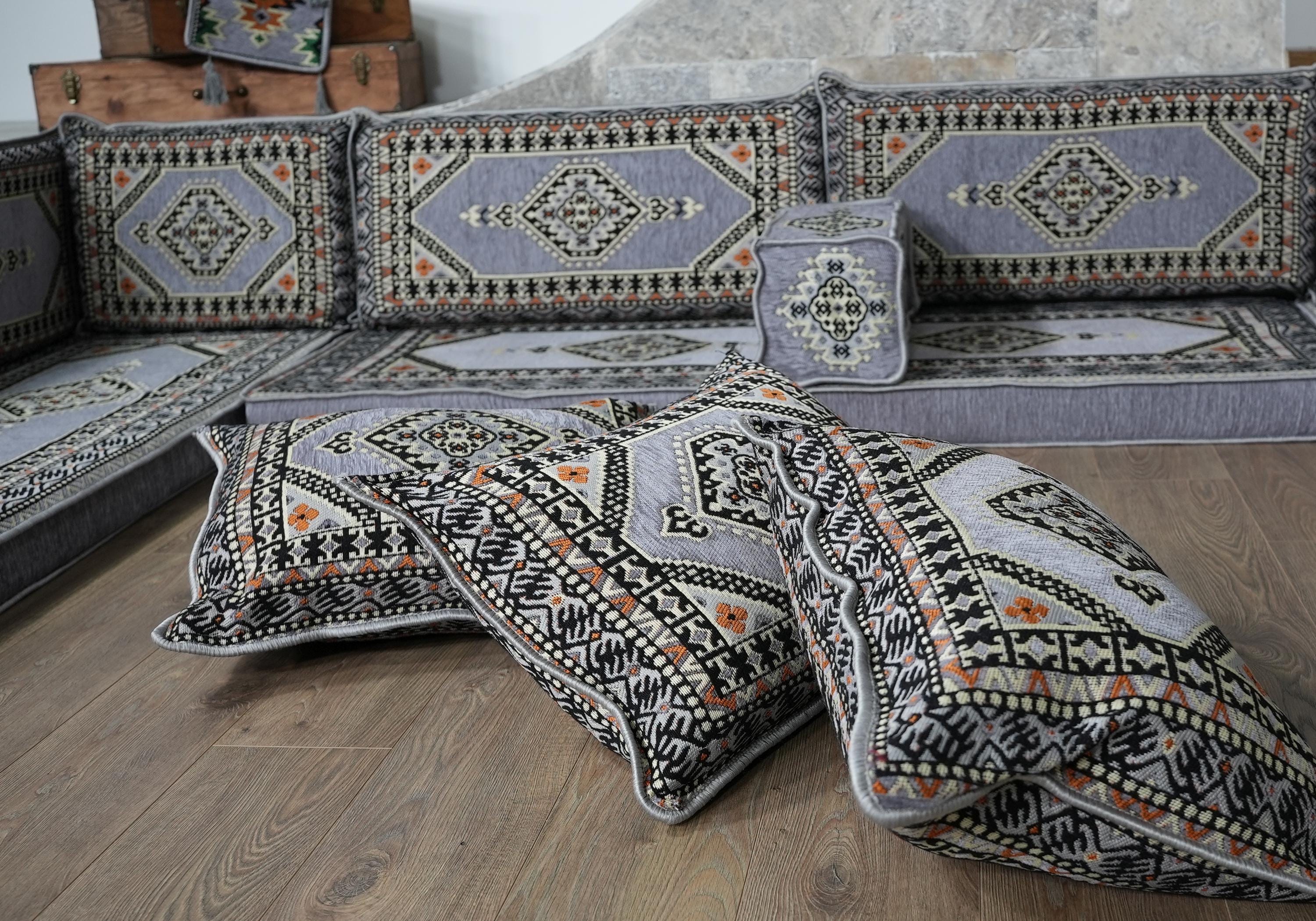 Gray L-Shaped Sofa Set, Turkish Palace Floor Seating Sectional Modular Couch Set